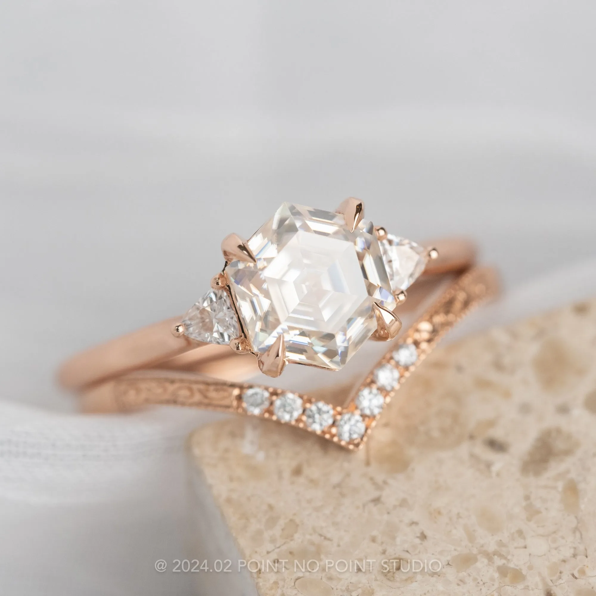 1.54 Carat Hexagon Moissanite Engagement Ring, Lea Setting, 14K Rose Gold