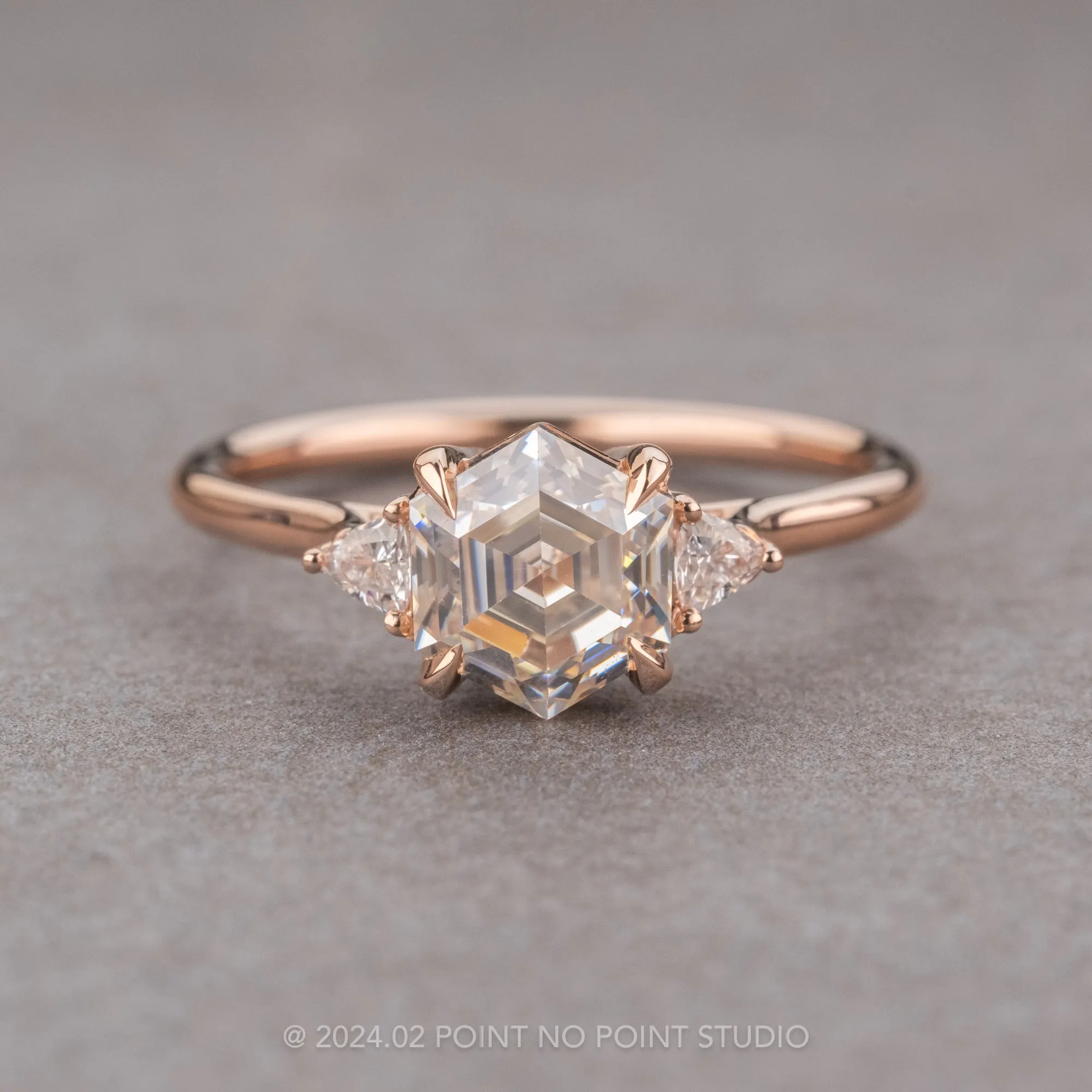 1.54 Carat Hexagon Moissanite Engagement Ring, Lea Setting, 14K Rose Gold