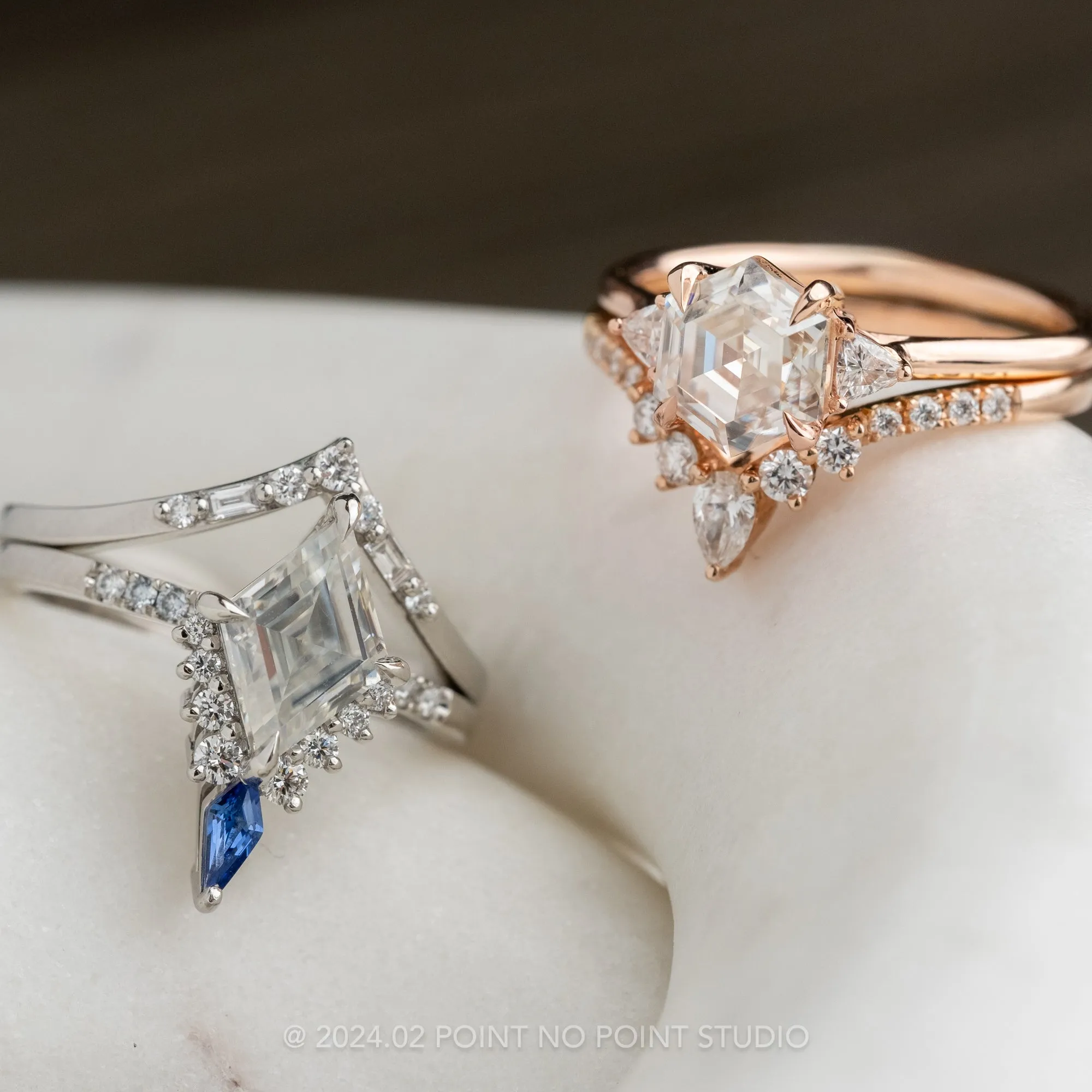 1.54 Carat Hexagon Moissanite Engagement Ring, Lea Setting, 14K Rose Gold