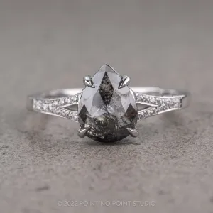 1.56 Carat Black Speckled Pear Diamond Engagement Ring, River Setting, 14K White Gold