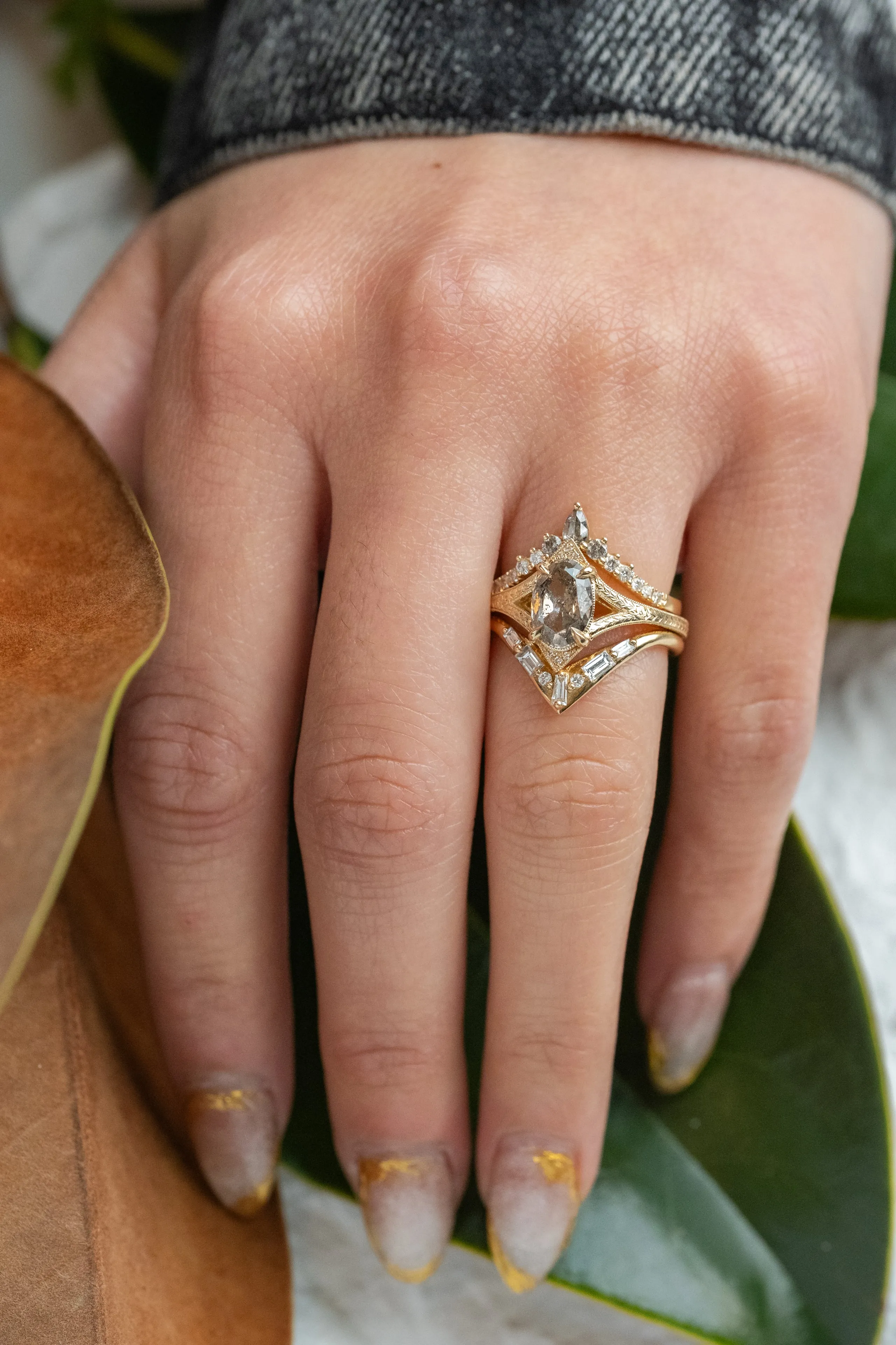 1.56 Carat Salt and Pepper Oval Diamond Engagement Ring, Engraved Arwen Setting, 14K Yellow Gold