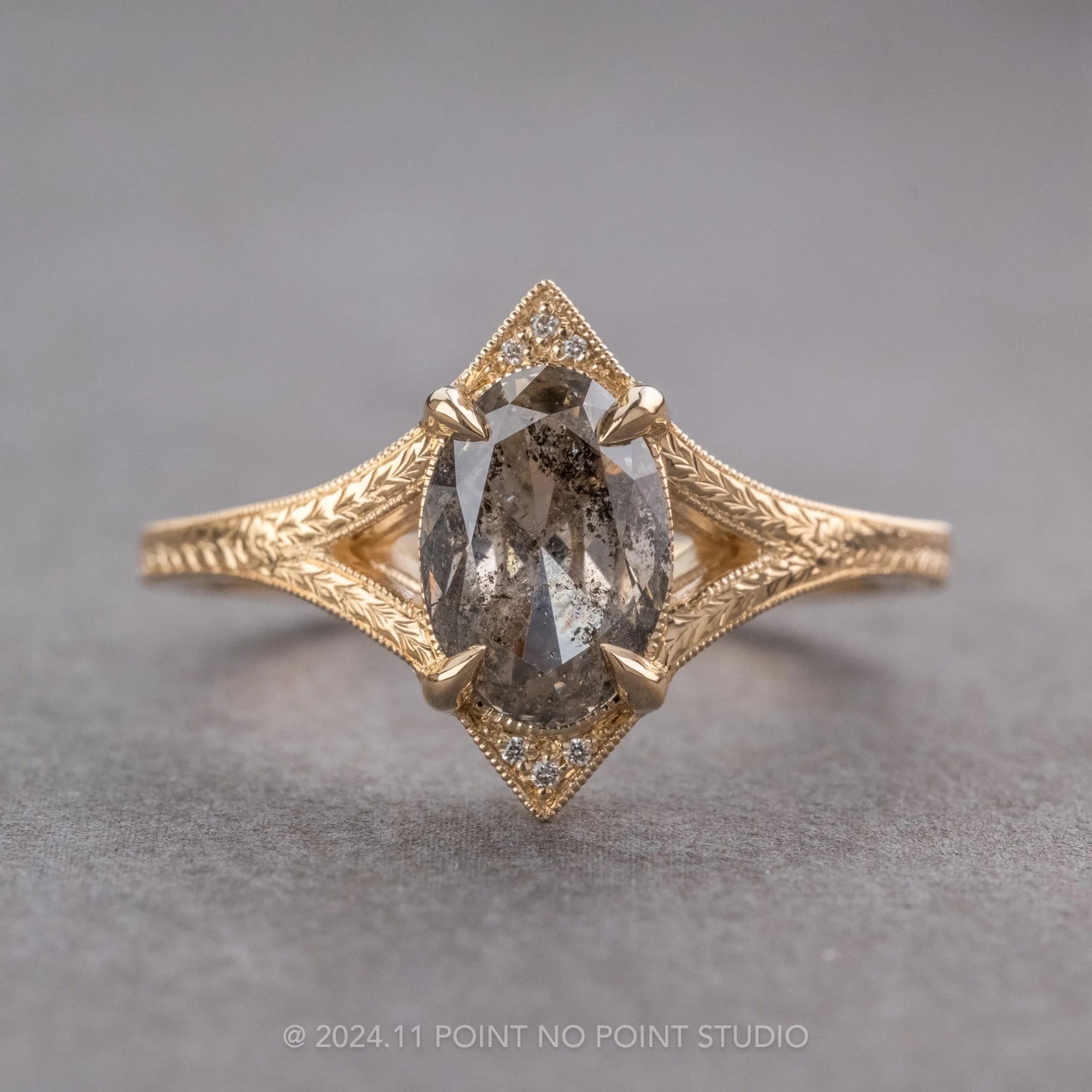 1.56 Carat Salt and Pepper Oval Diamond Engagement Ring, Engraved Arwen Setting, 14K Yellow Gold