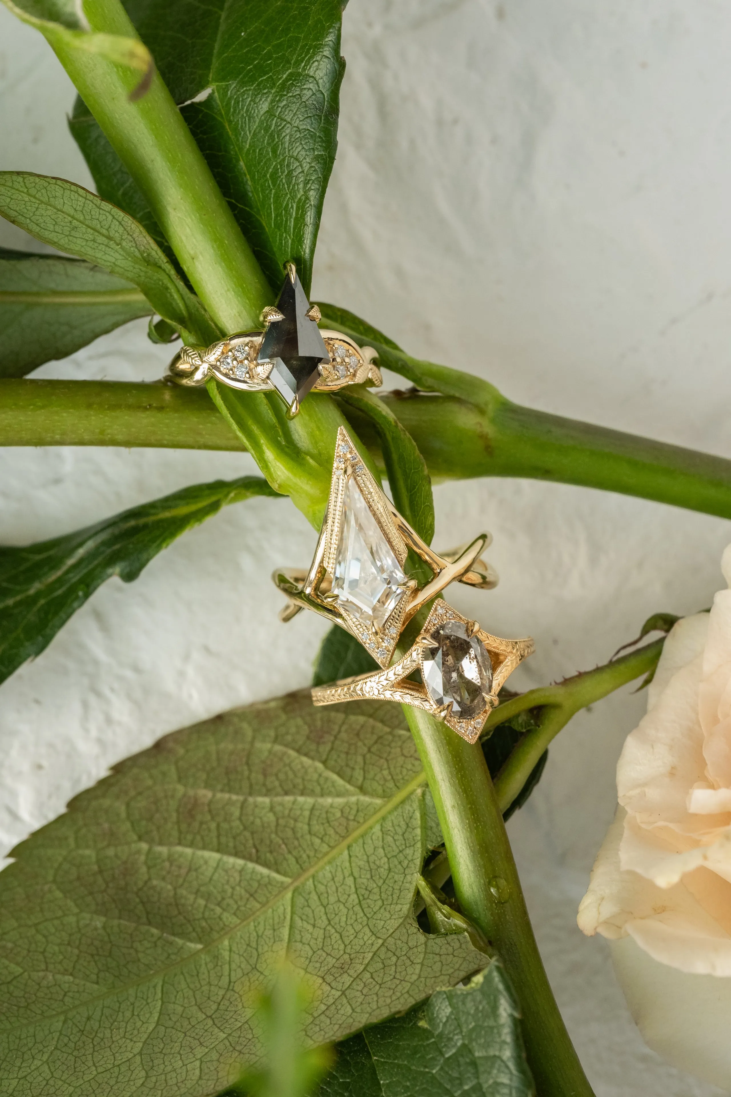 1.56 Carat Salt and Pepper Oval Diamond Engagement Ring, Engraved Arwen Setting, 14K Yellow Gold