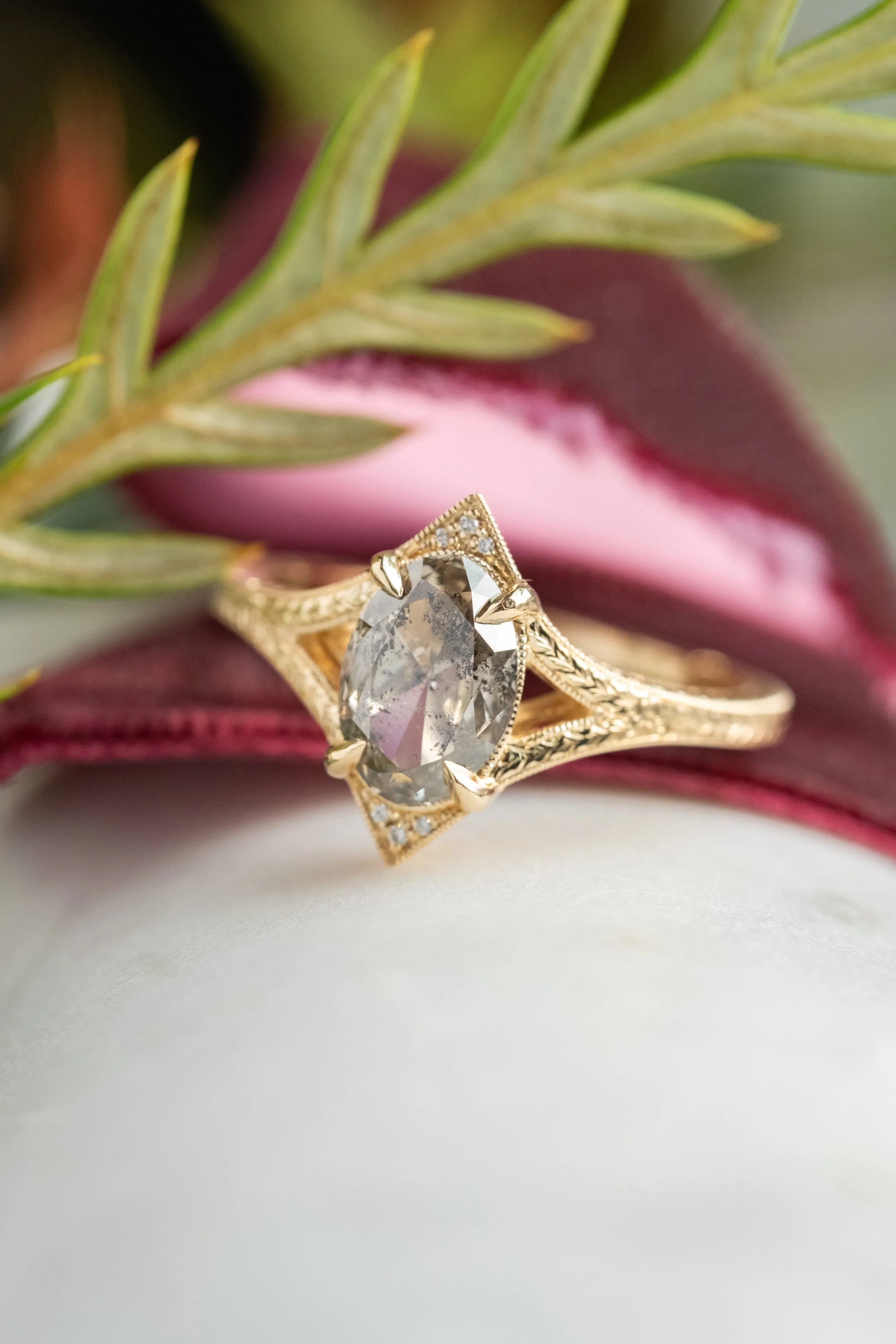 1.56 Carat Salt and Pepper Oval Diamond Engagement Ring, Engraved Arwen Setting, 14K Yellow Gold