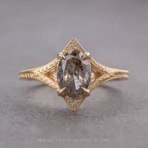 1.56 Carat Salt and Pepper Oval Diamond Engagement Ring, Engraved Arwen Setting, 14K Yellow Gold