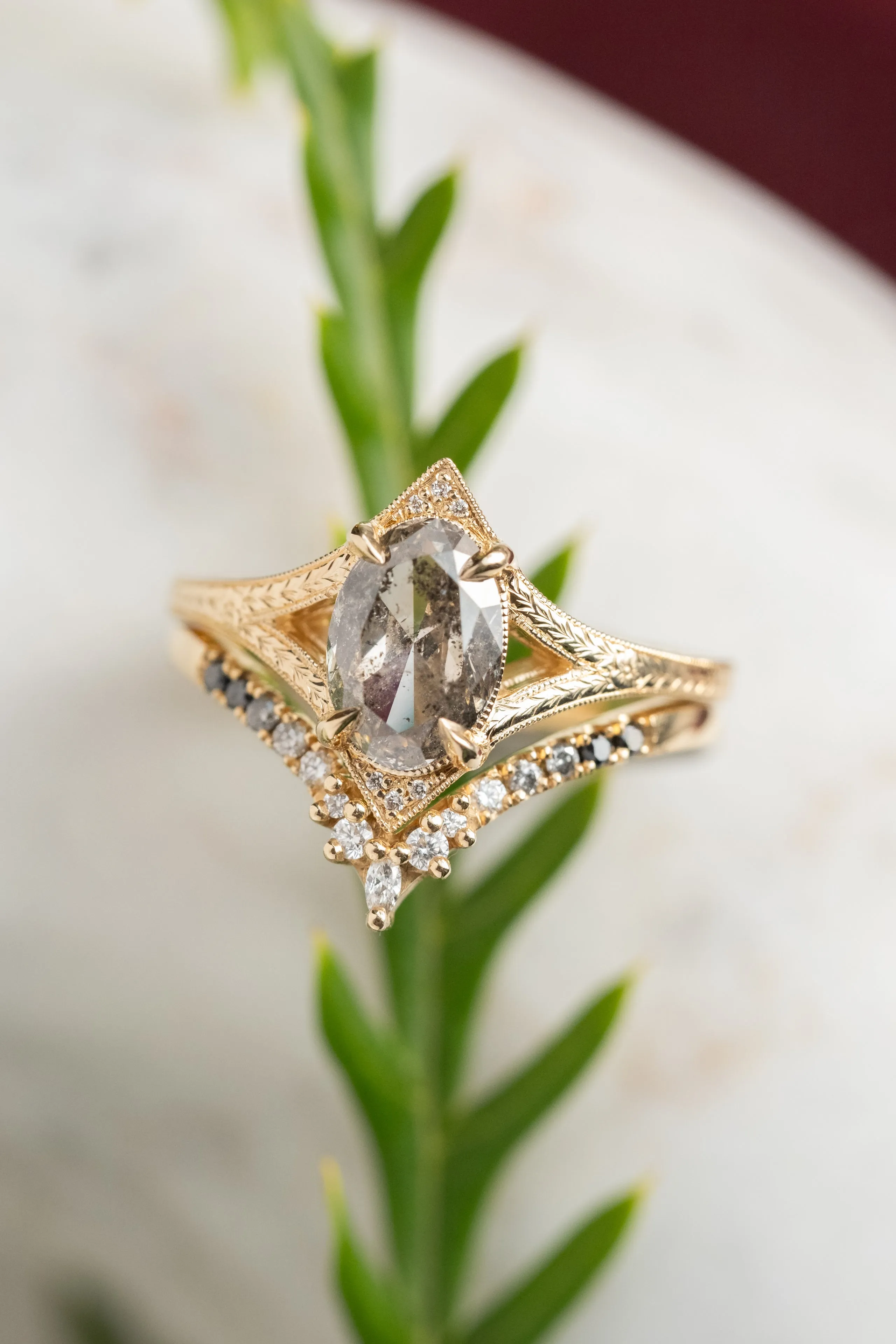 1.56 Carat Salt and Pepper Oval Diamond Engagement Ring, Engraved Arwen Setting, 14K Yellow Gold