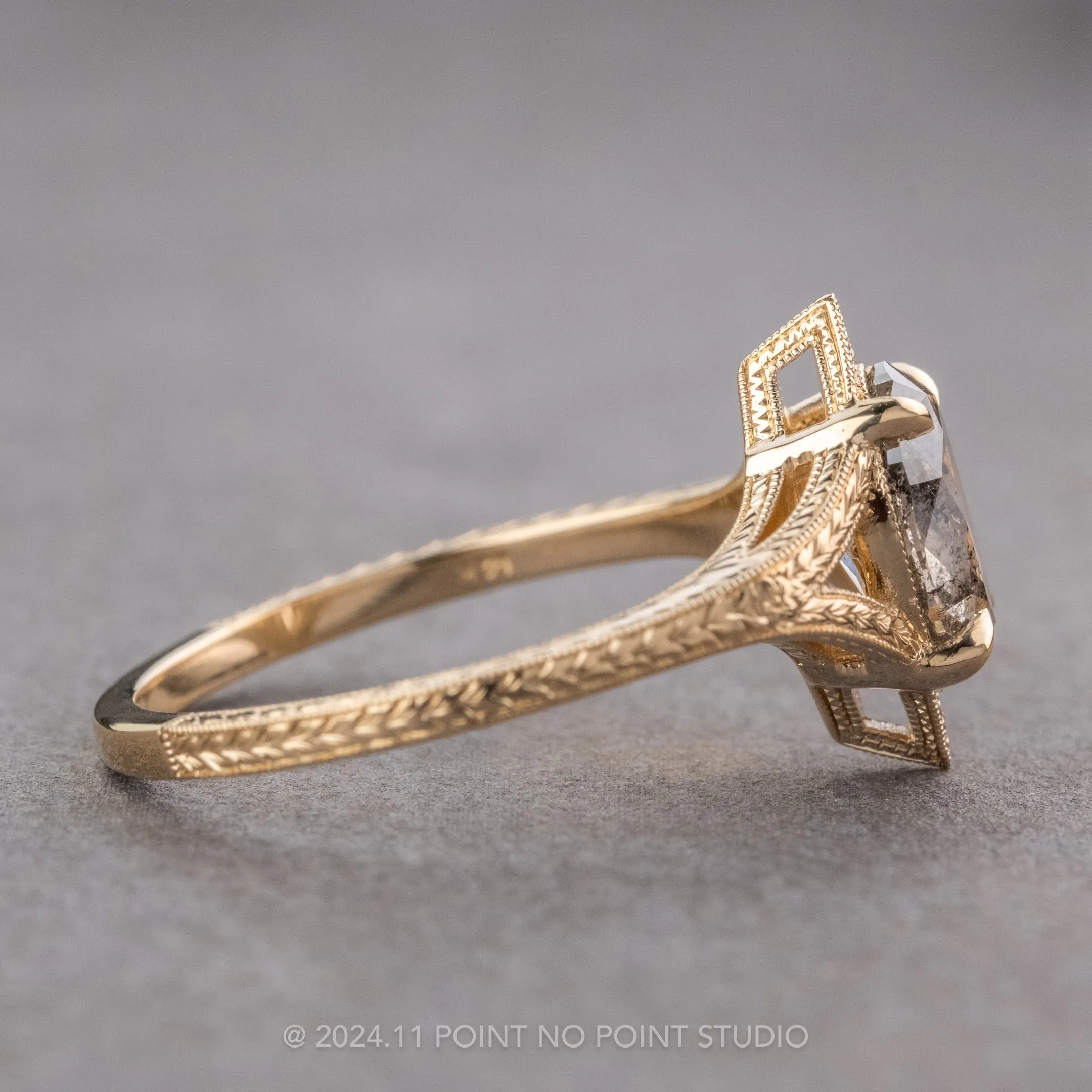 1.56 Carat Salt and Pepper Oval Diamond Engagement Ring, Engraved Arwen Setting, 14K Yellow Gold