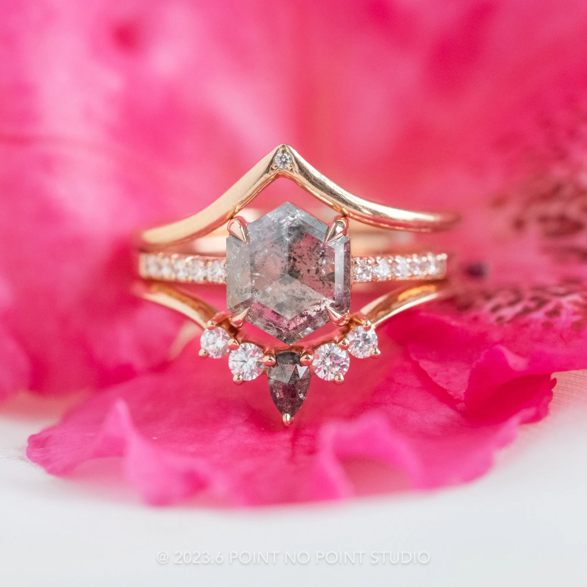 1.57 Carat Salt and Pepper Hexagon Diamond Engagement Ring, Jules Setting, 14K Rose Gold