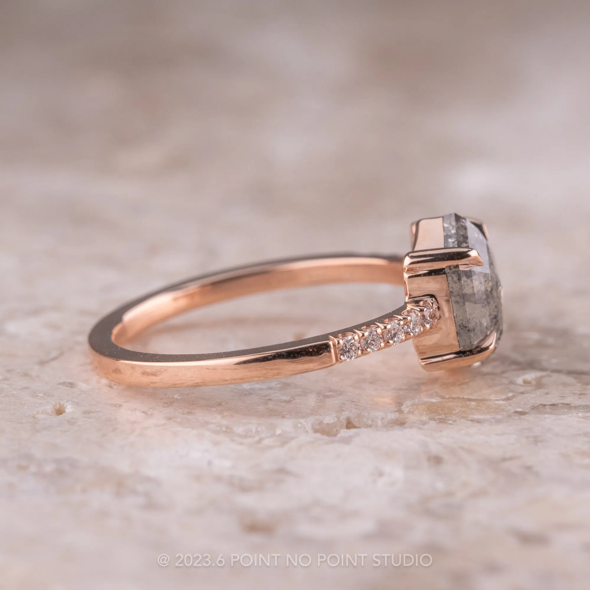 1.57 Carat Salt and Pepper Hexagon Diamond Engagement Ring, Jules Setting, 14K Rose Gold