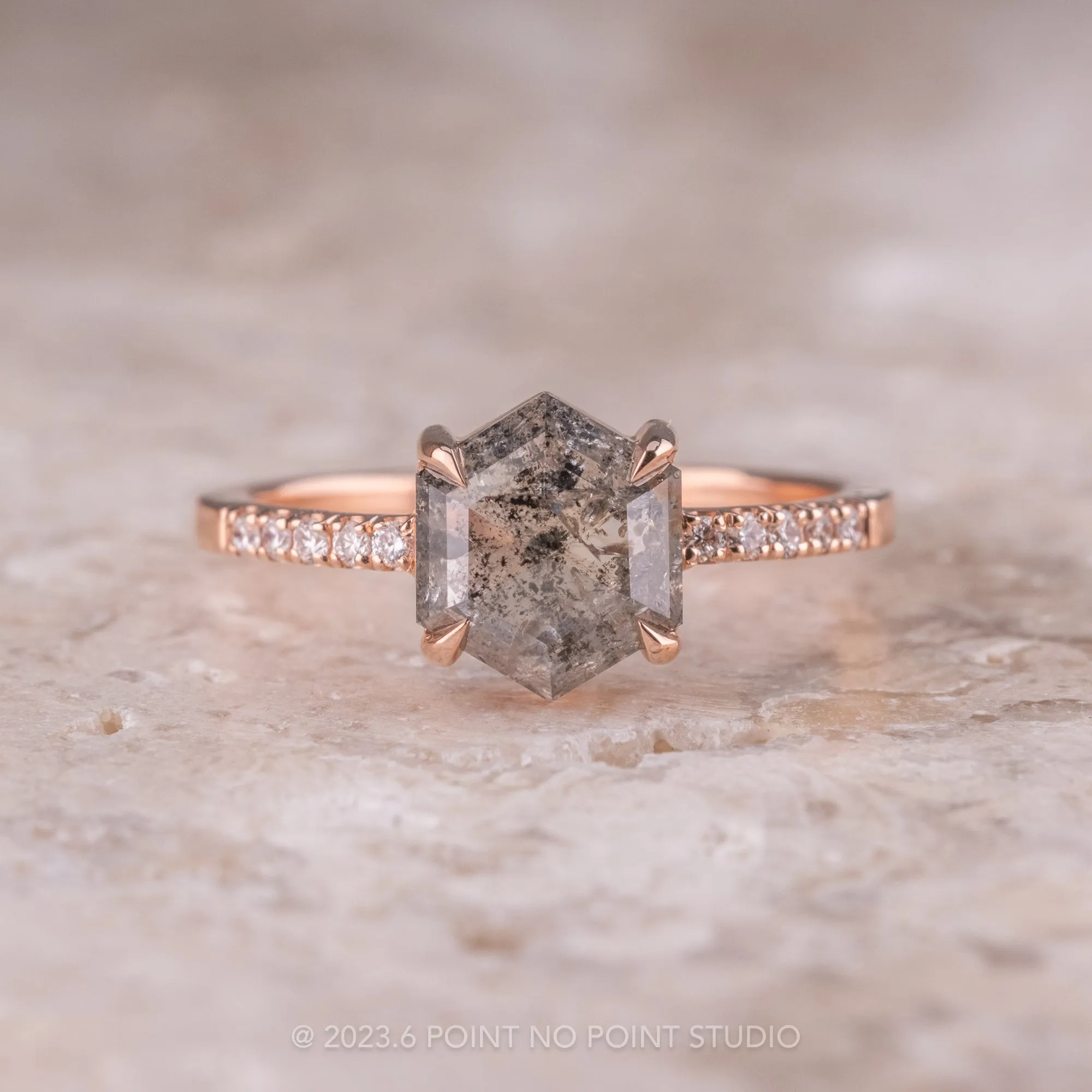 1.57 Carat Salt and Pepper Hexagon Diamond Engagement Ring, Jules Setting, 14K Rose Gold