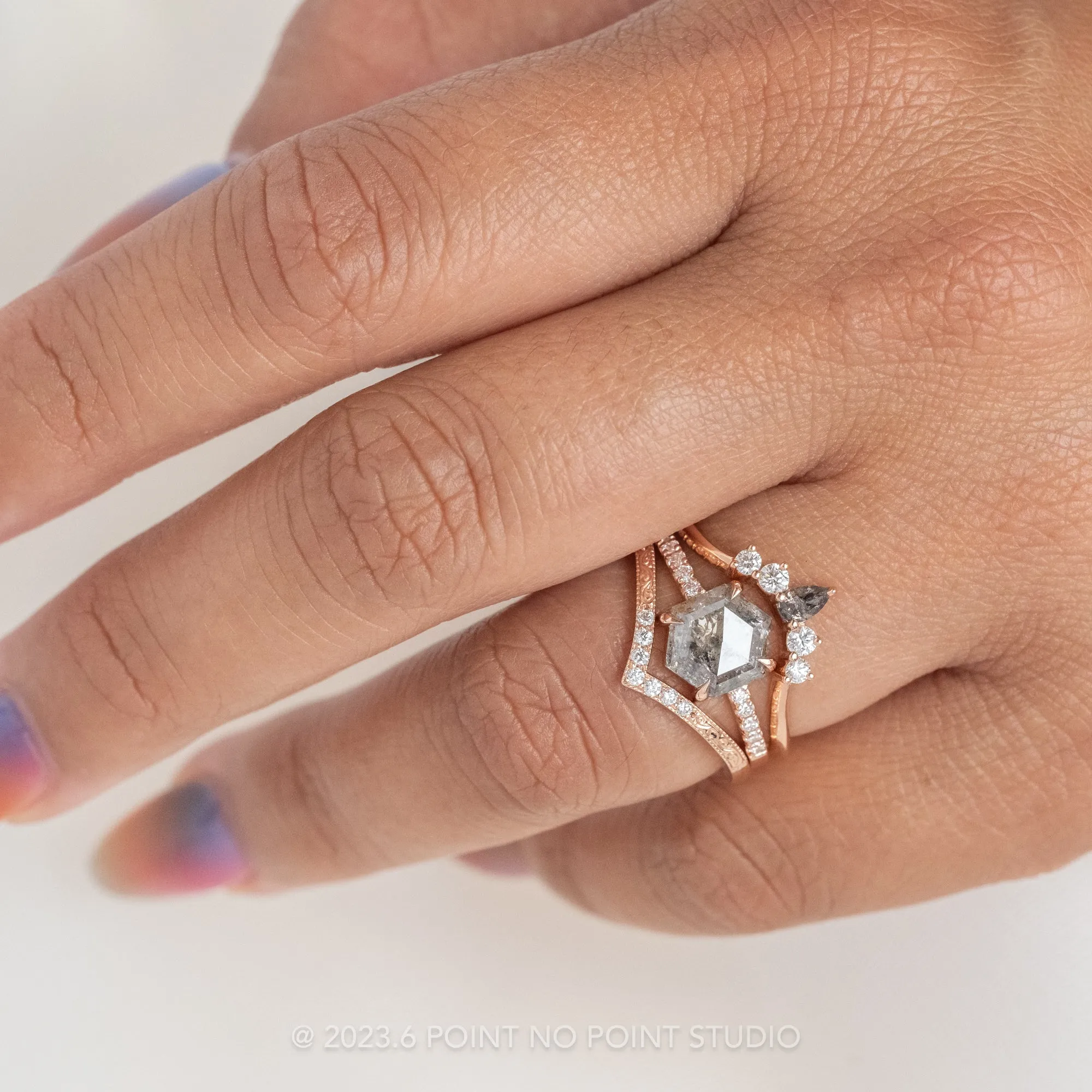 1.57 Carat Salt and Pepper Hexagon Diamond Engagement Ring, Jules Setting, 14K Rose Gold