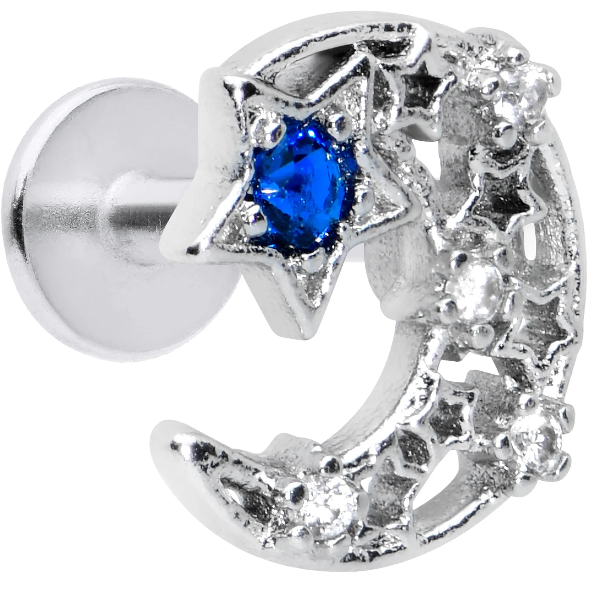 16 Gauge 1/4 Clear Blue Gem Star Crescent Moon Labret Monroe Tragus