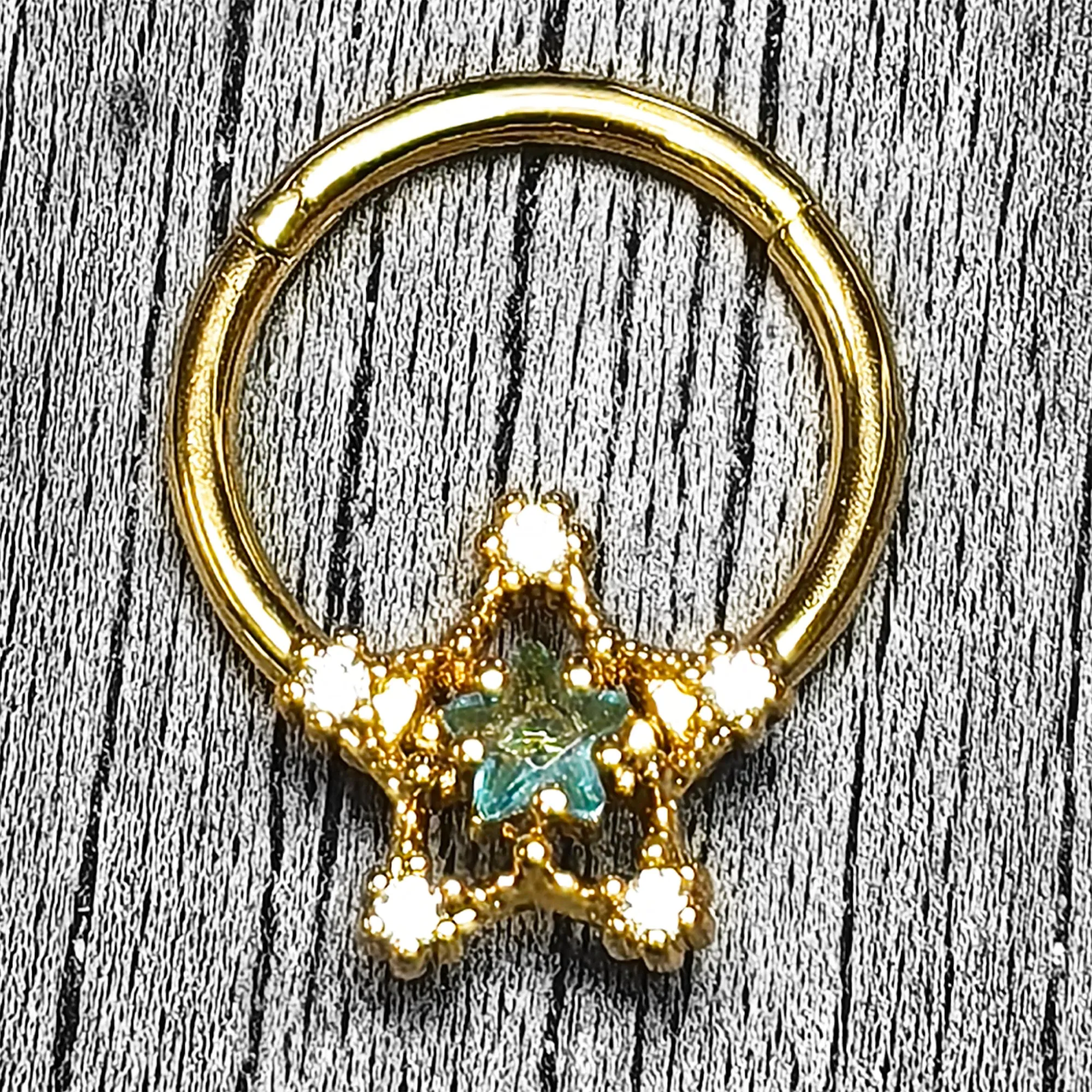 16 Gauge 3/8 Blue Clear Gem Gold Tone Starry Glam Hinged Segment Ring