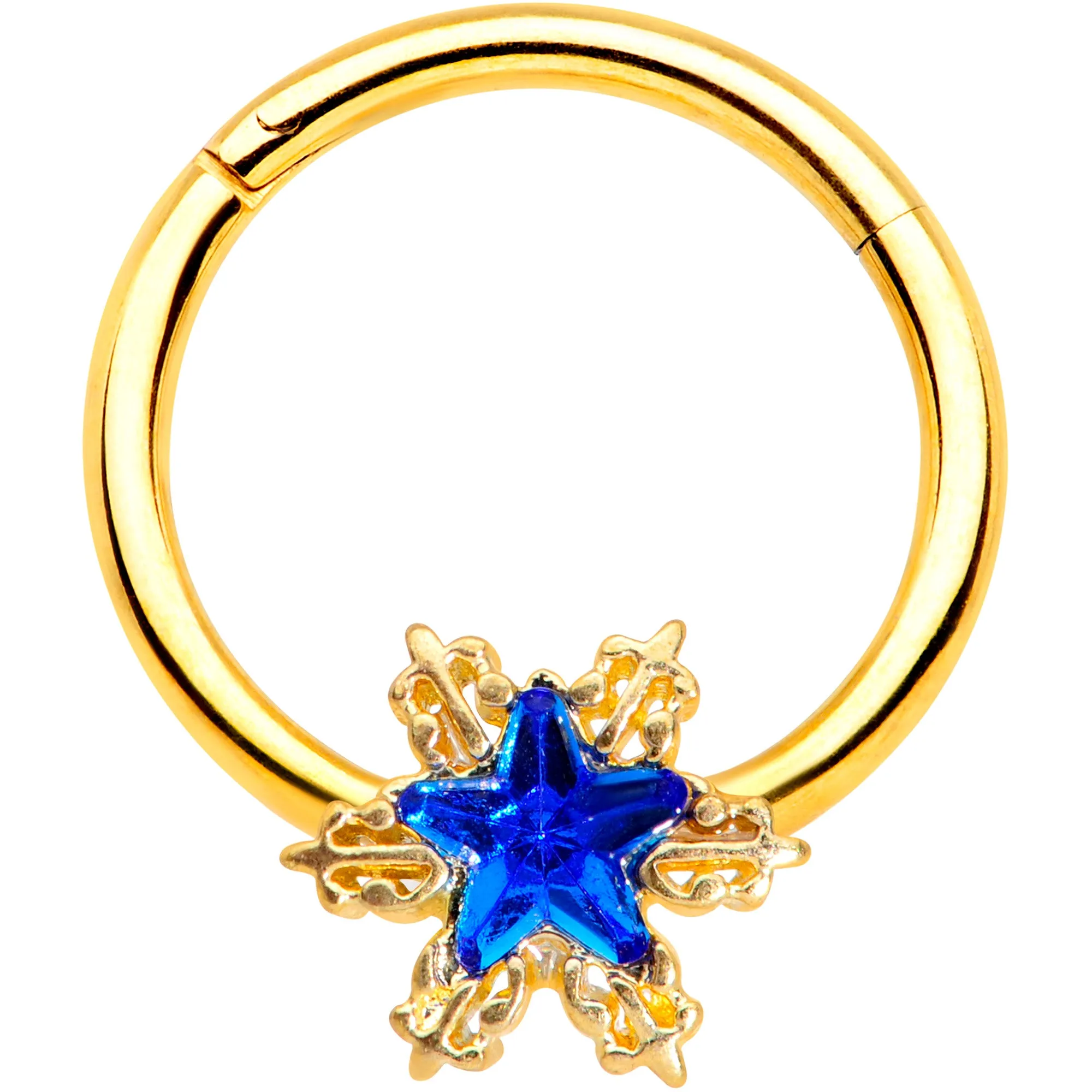 16 Gauge 3/8 Blue Gem Gold Tone Star Hinged Segment Ring