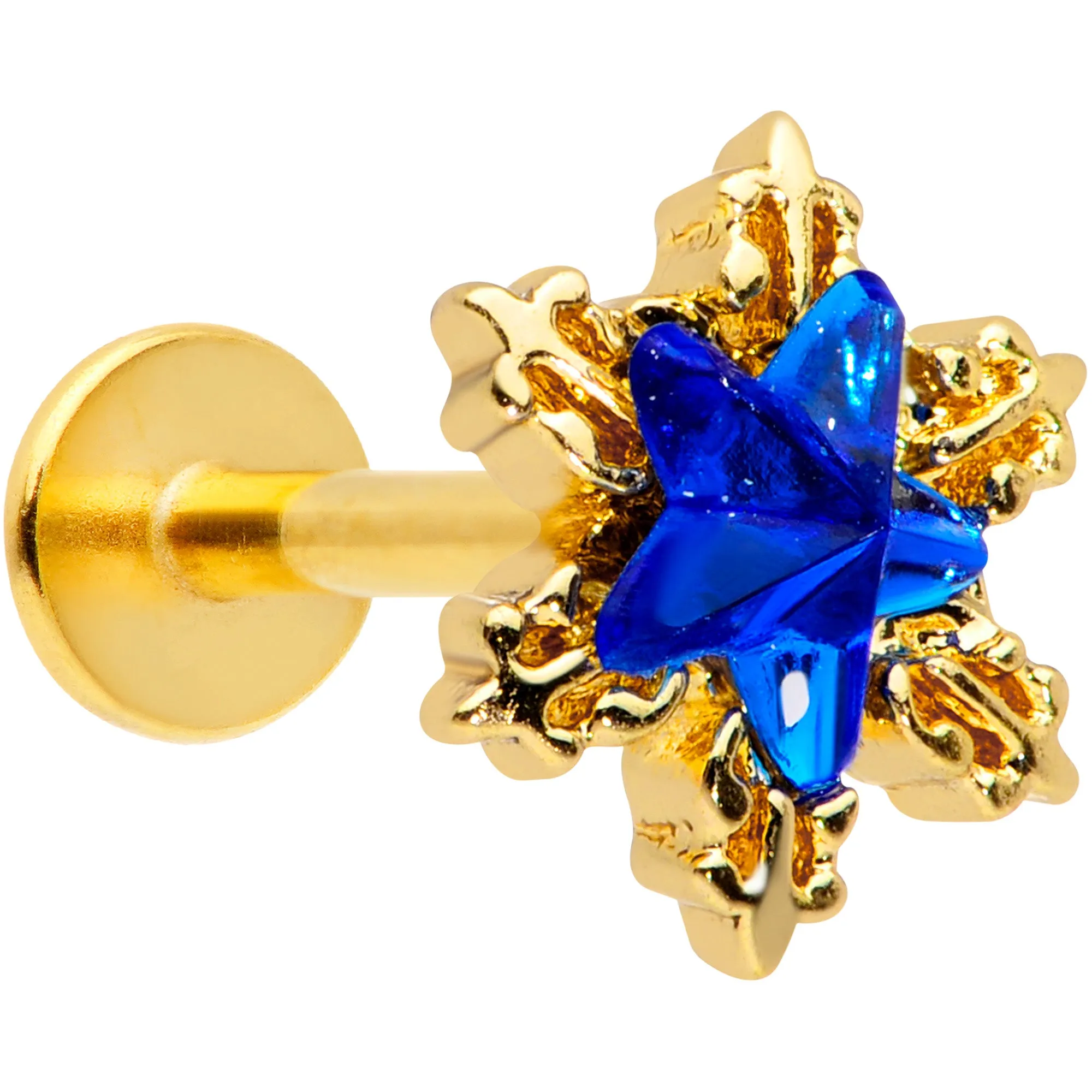16 Gauge 5/16 Blue Gem Gold Tone Star Labret Monroe Tragus
