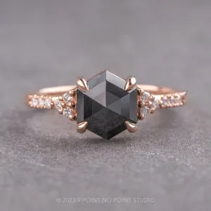 1.60 Carat Black Hexagon Diamond Engagement Ring, All White Quincy Setting, 14K Rose Gold