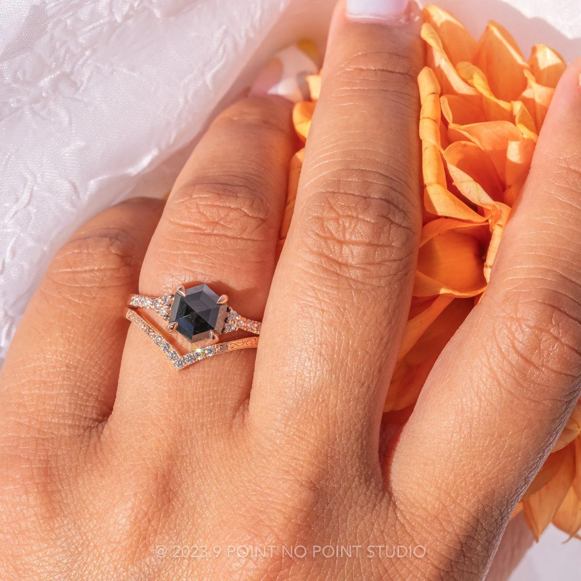 1.60 Carat Black Hexagon Diamond Engagement Ring, All White Quincy Setting, 14K Rose Gold
