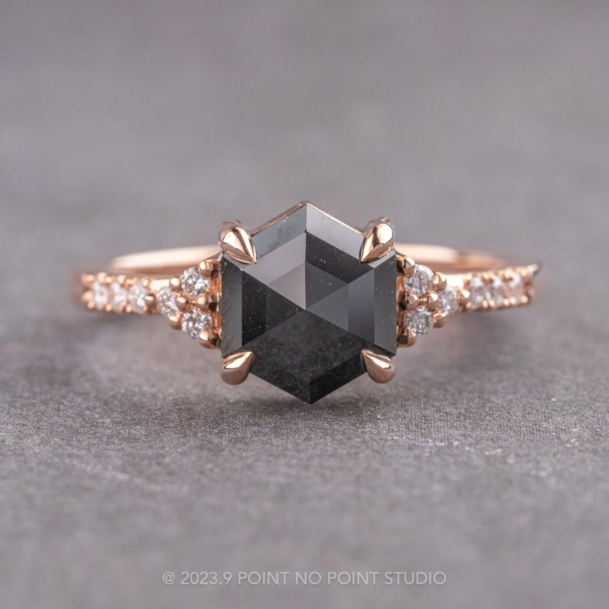 1.60 Carat Black Hexagon Diamond Engagement Ring, All White Quincy Setting, 14K Rose Gold