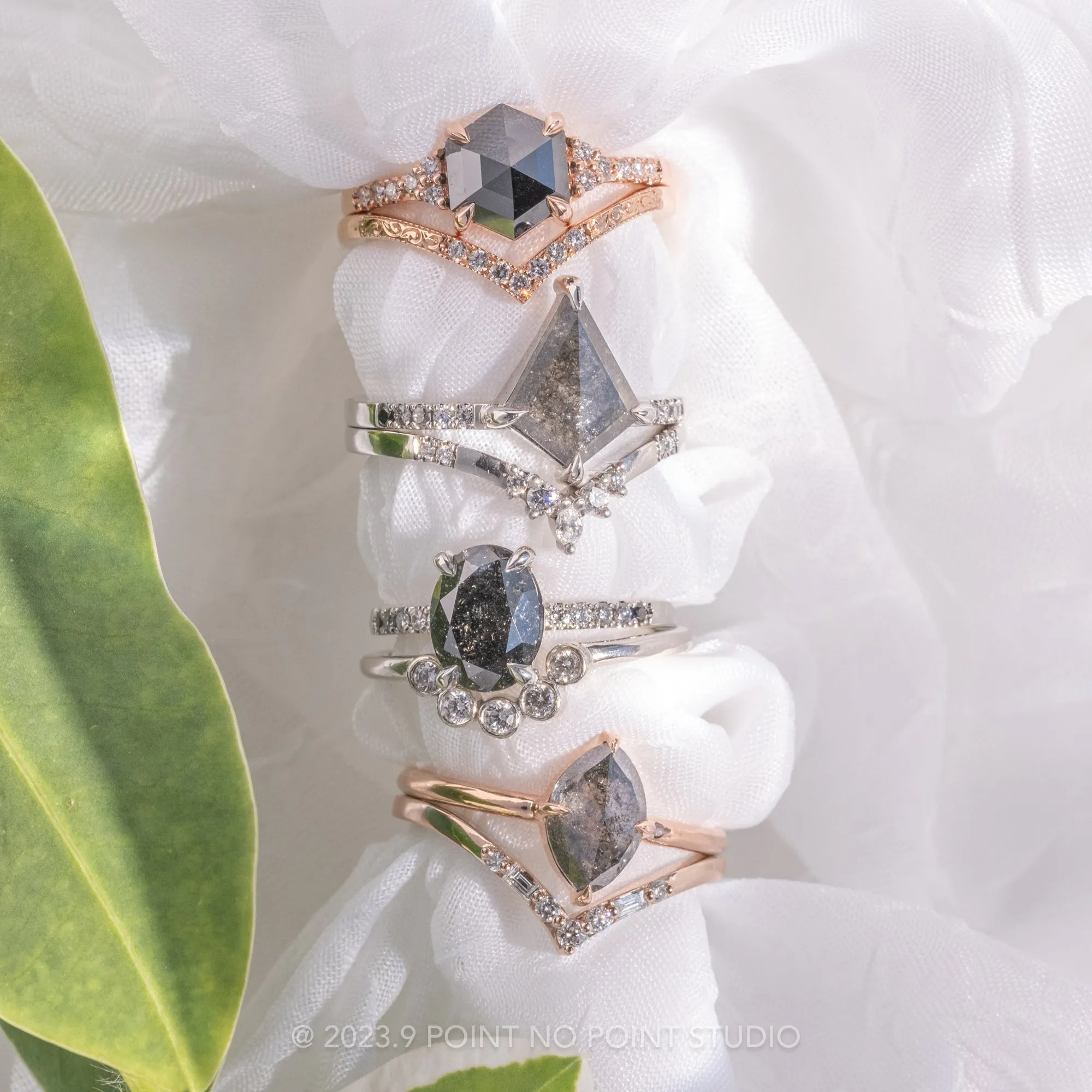 1.60 Carat Black Hexagon Diamond Engagement Ring, All White Quincy Setting, 14K Rose Gold