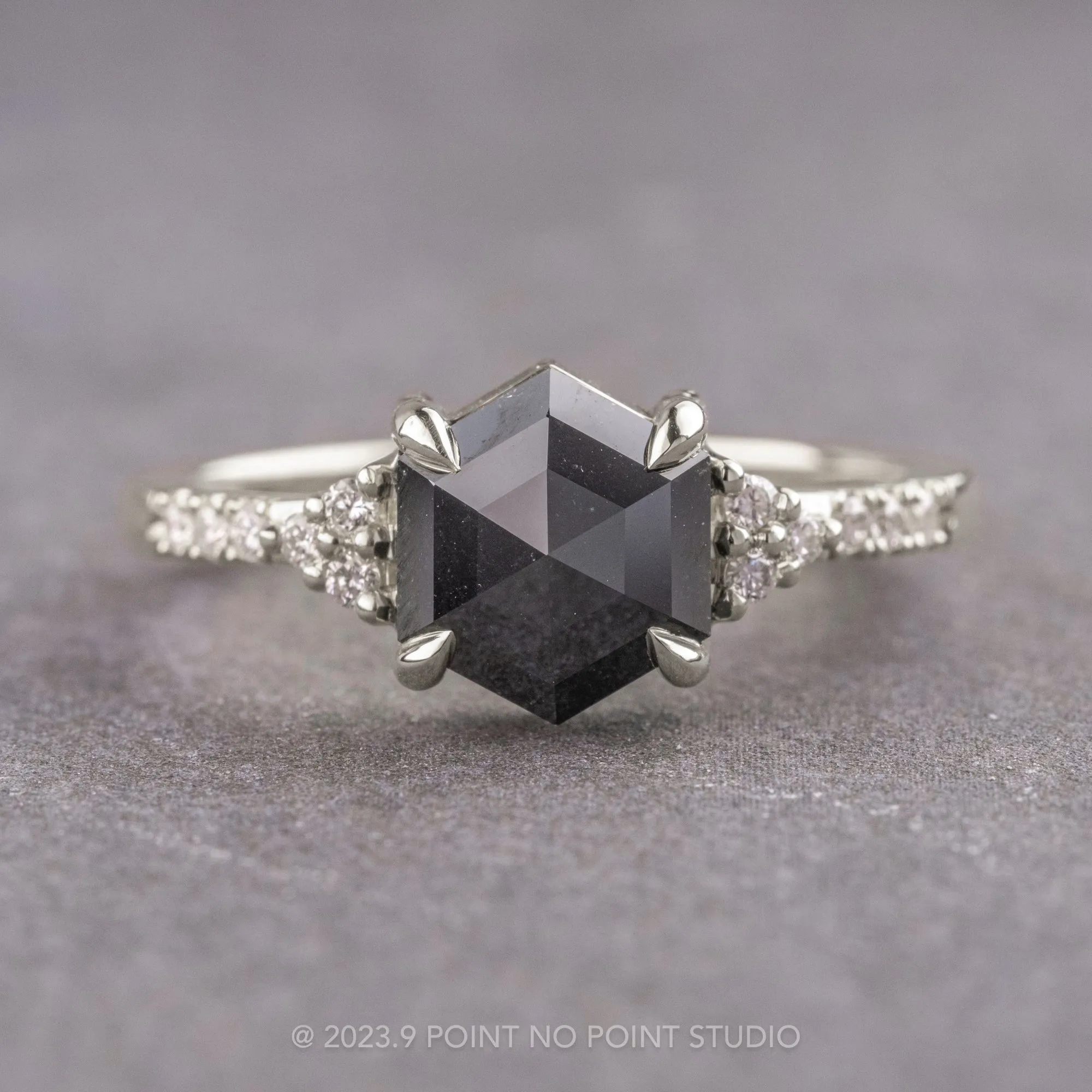 1.60 Carat Black Hexagon Diamond Engagement Ring, All White Quincy Setting, 14K White Gold