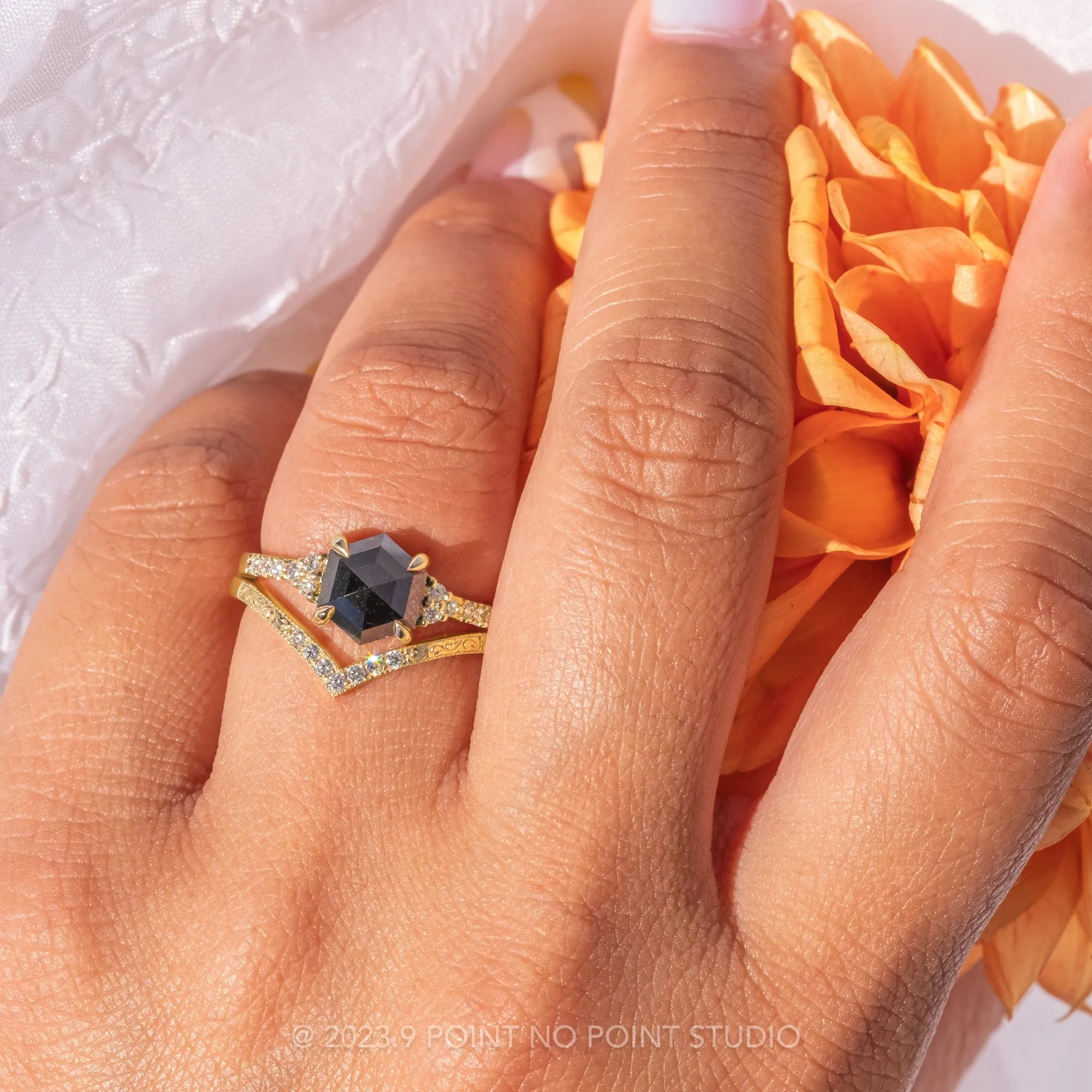 1.60 Carat Black Hexagon Diamond Engagement Ring, All White Quincy Setting, 14K Yellow Gold