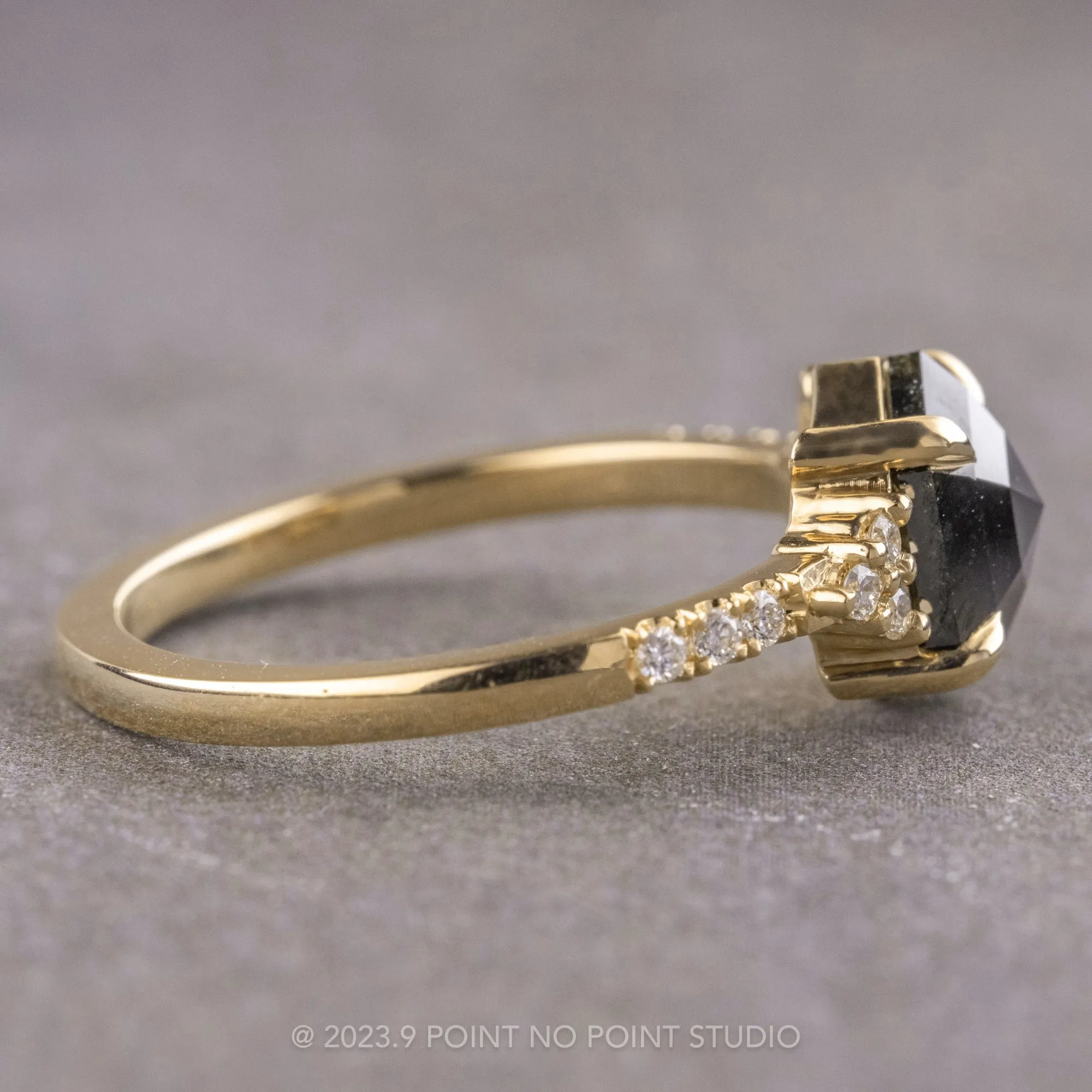 1.60 Carat Black Hexagon Diamond Engagement Ring, All White Quincy Setting, 14K Yellow Gold