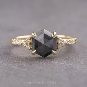 1.60 Carat Black Hexagon Diamond Engagement Ring, All White Quincy Setting, 14K Yellow Gold