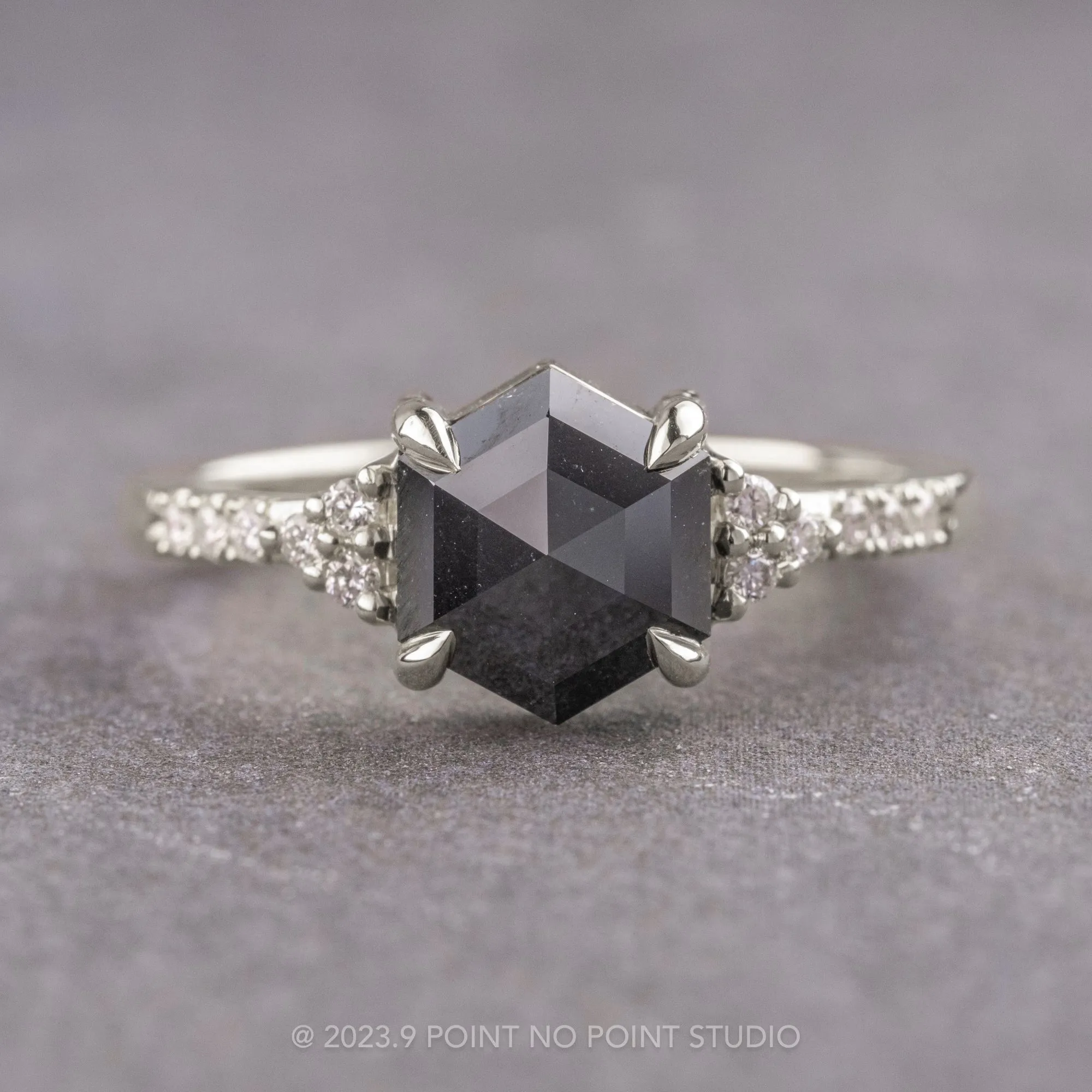 1.60 Carat Black Hexagon Diamond Engagement Ring, All White Quincy Setting, Platinum