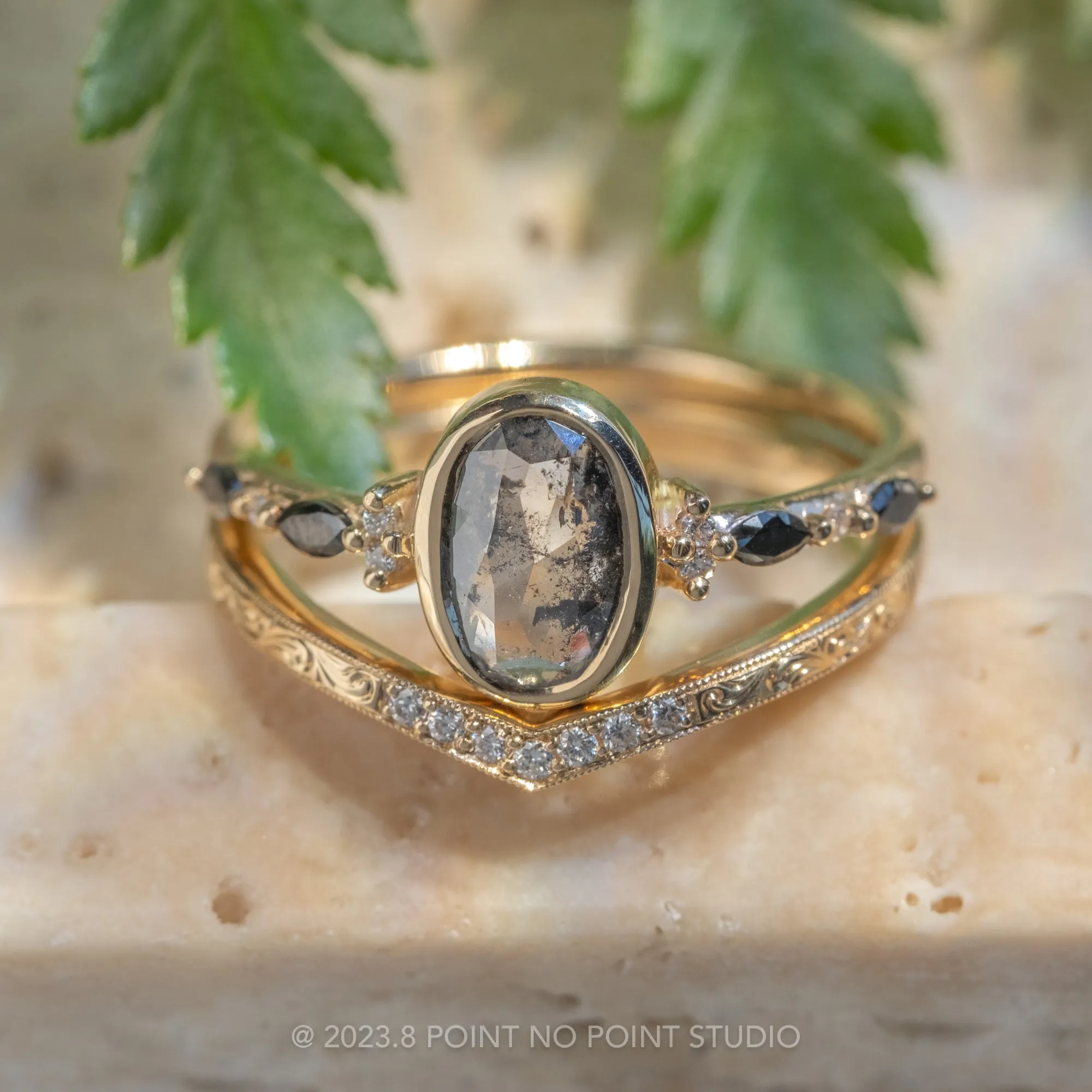 1.62 Carat Salt and Pepper Oval Diamond Engagement Ring, Bezel Astrid Setting, 14K Yellow Gold
