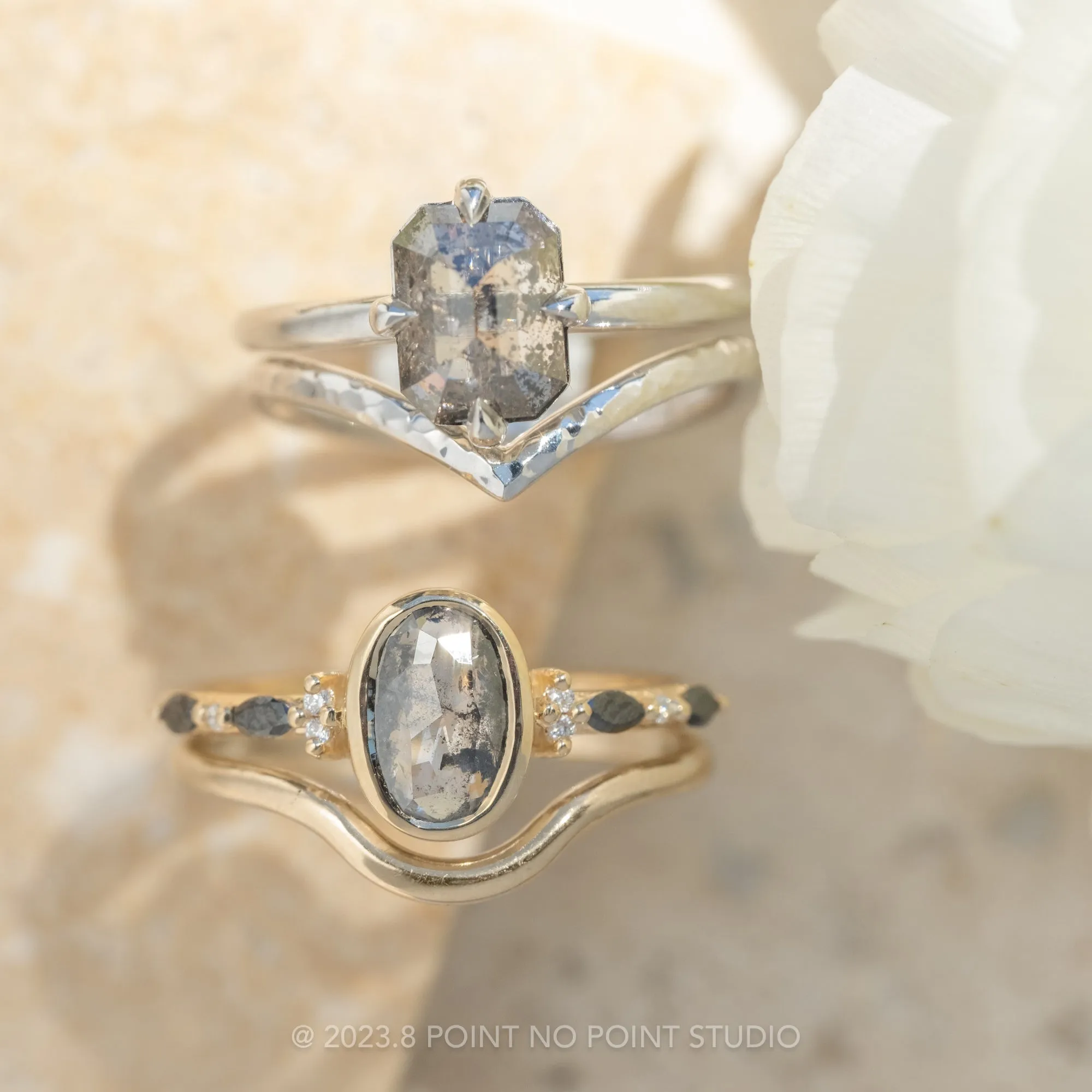 1.62 Carat Salt and Pepper Oval Diamond Engagement Ring, Bezel Astrid Setting, 14K Yellow Gold