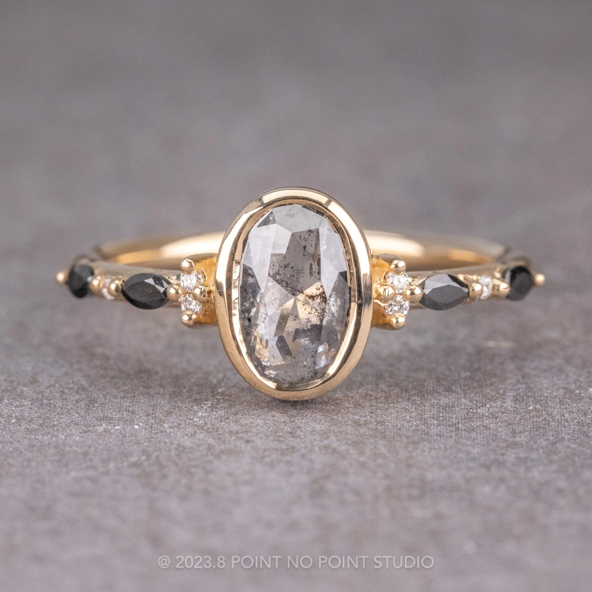 1.62 Carat Salt and Pepper Oval Diamond Engagement Ring, Bezel Astrid Setting, 14K Yellow Gold