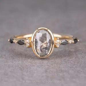 1.62 Carat Salt and Pepper Oval Diamond Engagement Ring, Bezel Astrid Setting, 14K Yellow Gold