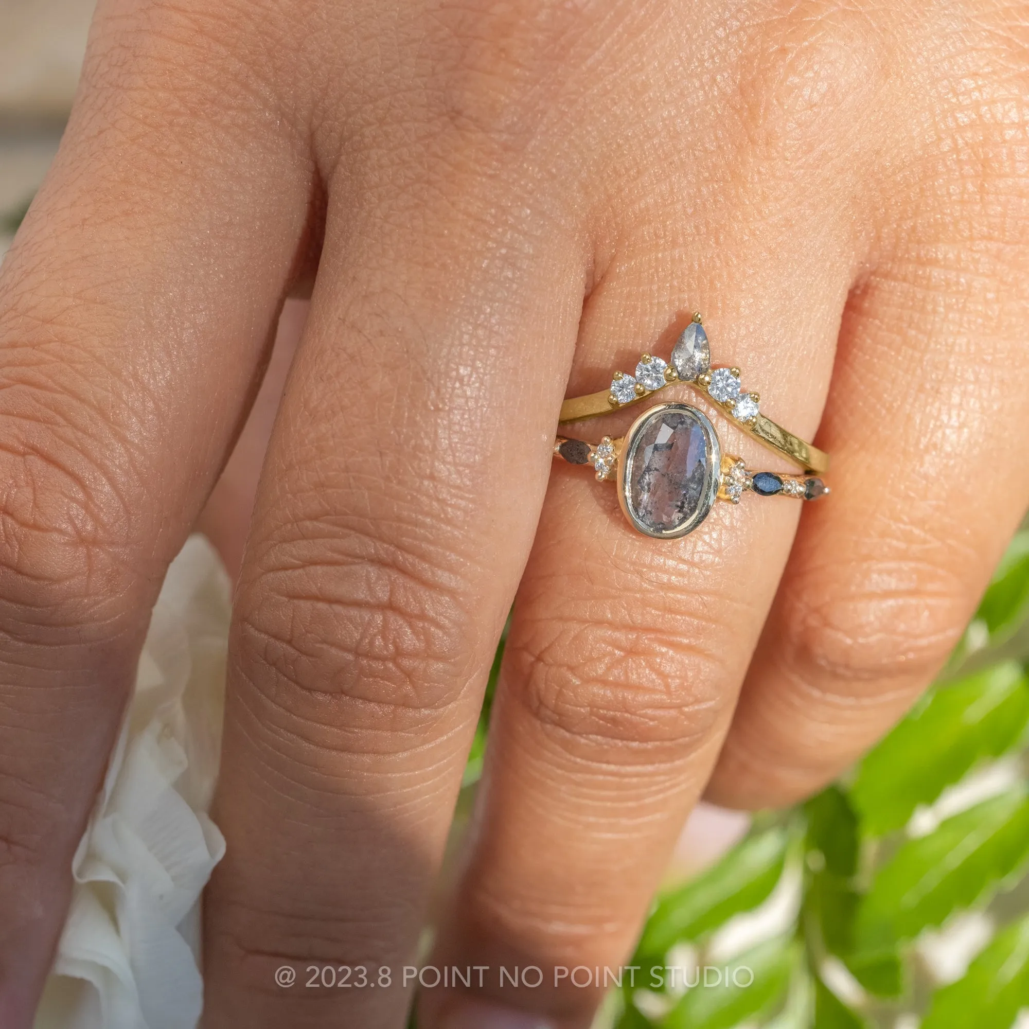 1.62 Carat Salt and Pepper Oval Diamond Engagement Ring, Bezel Astrid Setting, 14K Yellow Gold