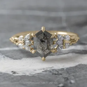 1.67 Carat Black Speckled Hexagon Diamond Engagement Ring, Winnie Setting, 14K Yellow Gold