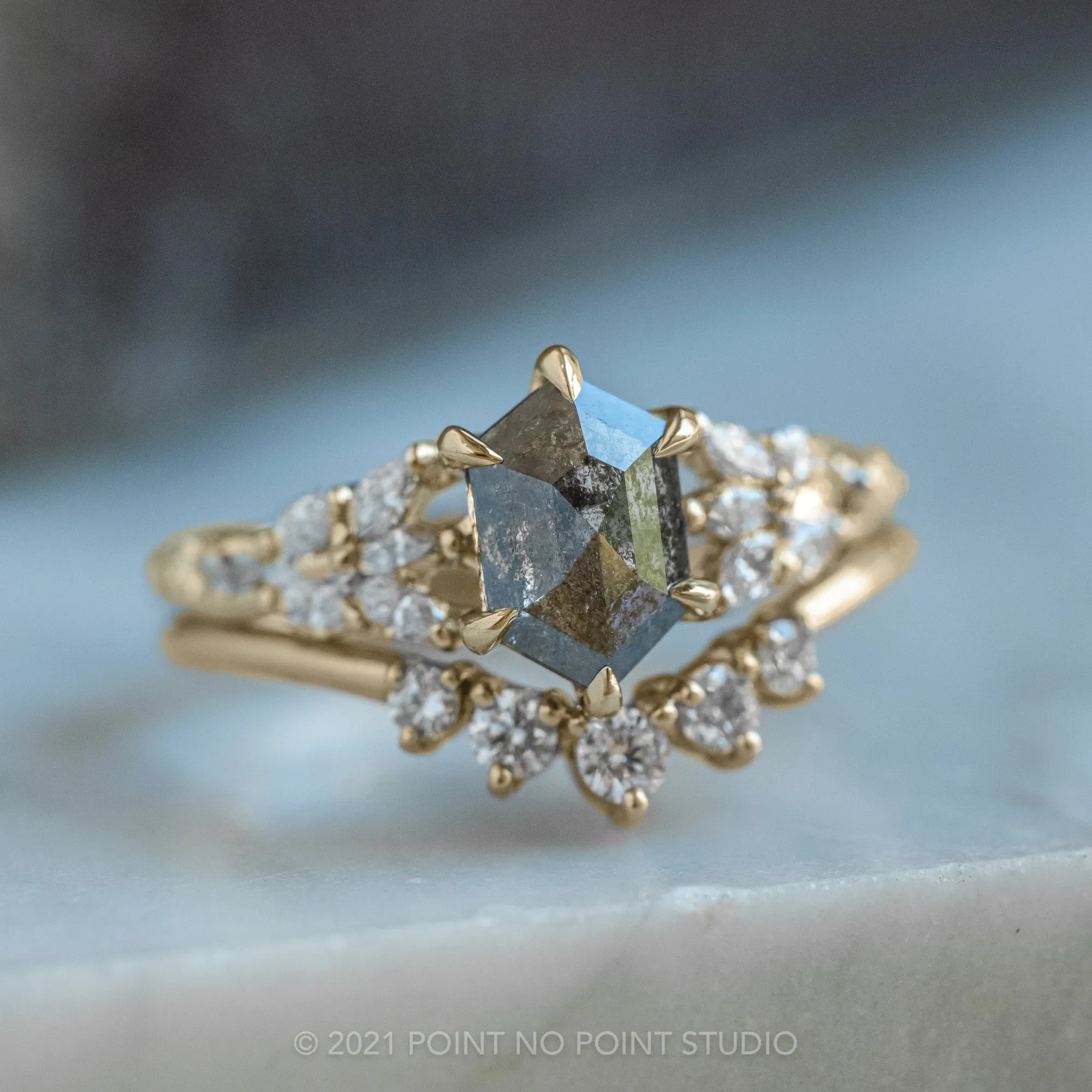 1.67 Carat Black Speckled Hexagon Diamond Engagement Ring, Winnie Setting, 14K Yellow Gold