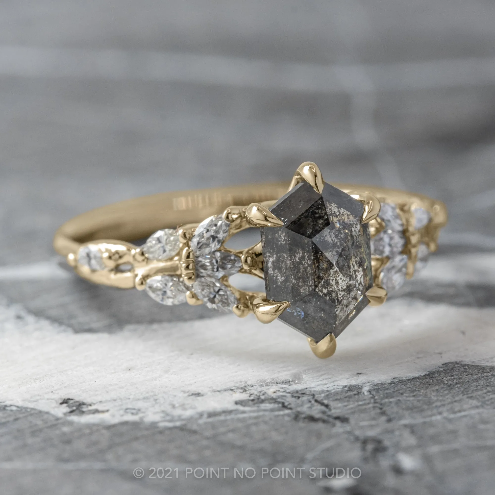 1.67 Carat Black Speckled Hexagon Diamond Engagement Ring, Winnie Setting, 14K Yellow Gold