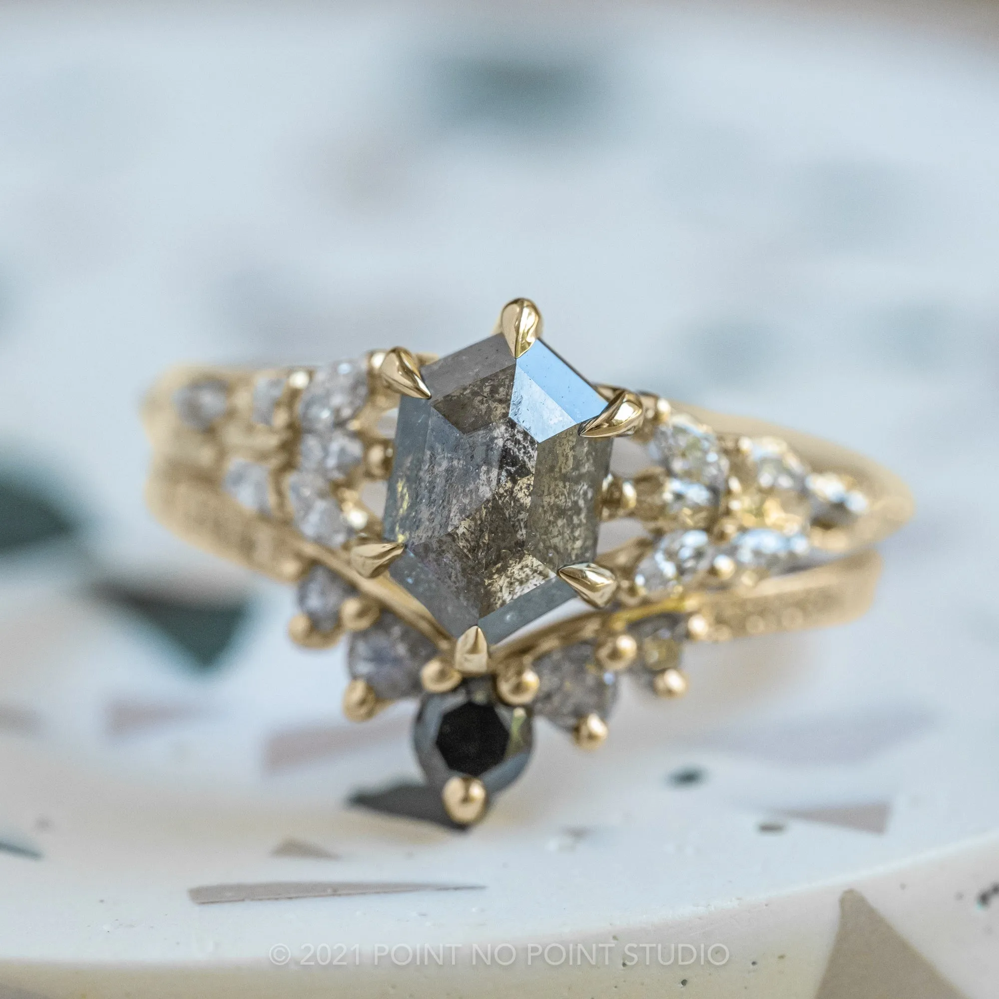 1.67 Carat Black Speckled Hexagon Diamond Engagement Ring, Winnie Setting, 14K Yellow Gold