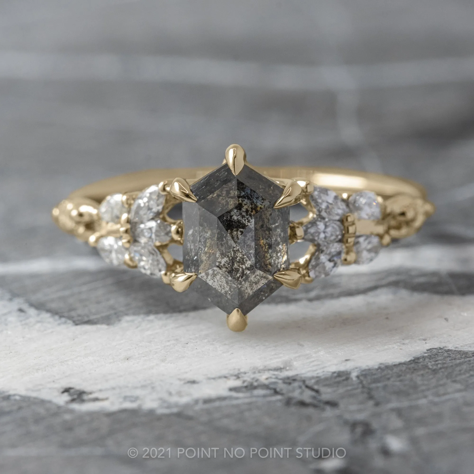 1.67 Carat Black Speckled Hexagon Diamond Engagement Ring, Winnie Setting, 14K Yellow Gold