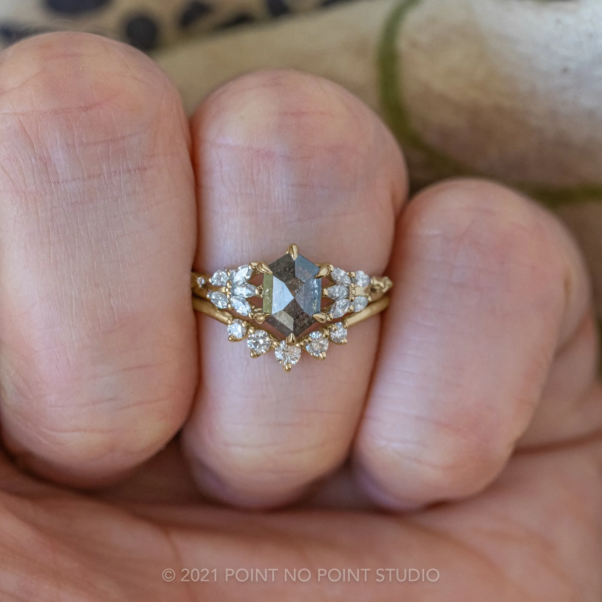 1.67 Carat Black Speckled Hexagon Diamond Engagement Ring, Winnie Setting, 14K Yellow Gold