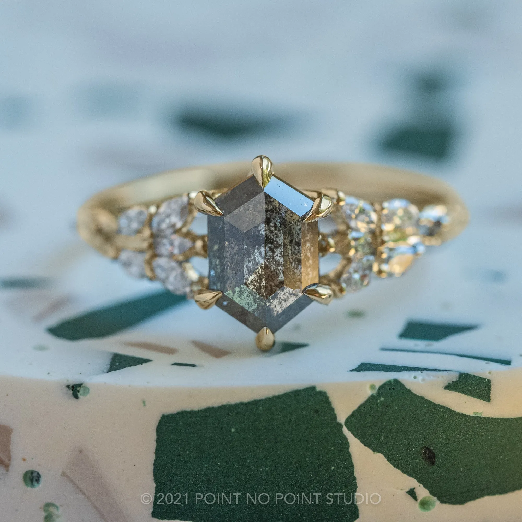 1.67 Carat Black Speckled Hexagon Diamond Engagement Ring, Winnie Setting, 14K Yellow Gold