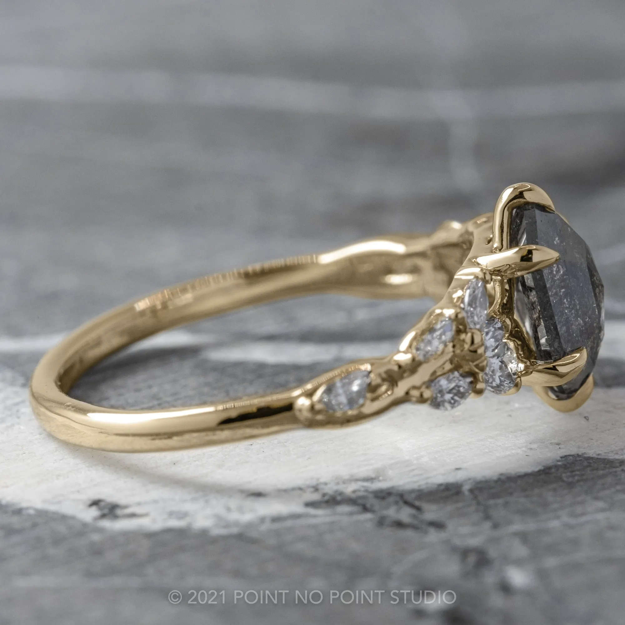 1.67 Carat Black Speckled Hexagon Diamond Engagement Ring, Winnie Setting, 14K Yellow Gold