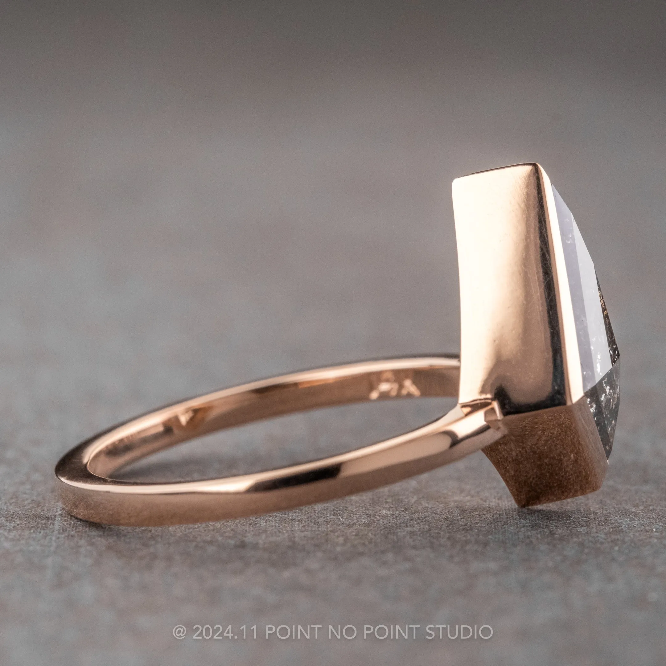 1.67 Carat Black Speckled Kite Diamond Engagement Ring, Bezel Jane Setting, 14K Rose Gold