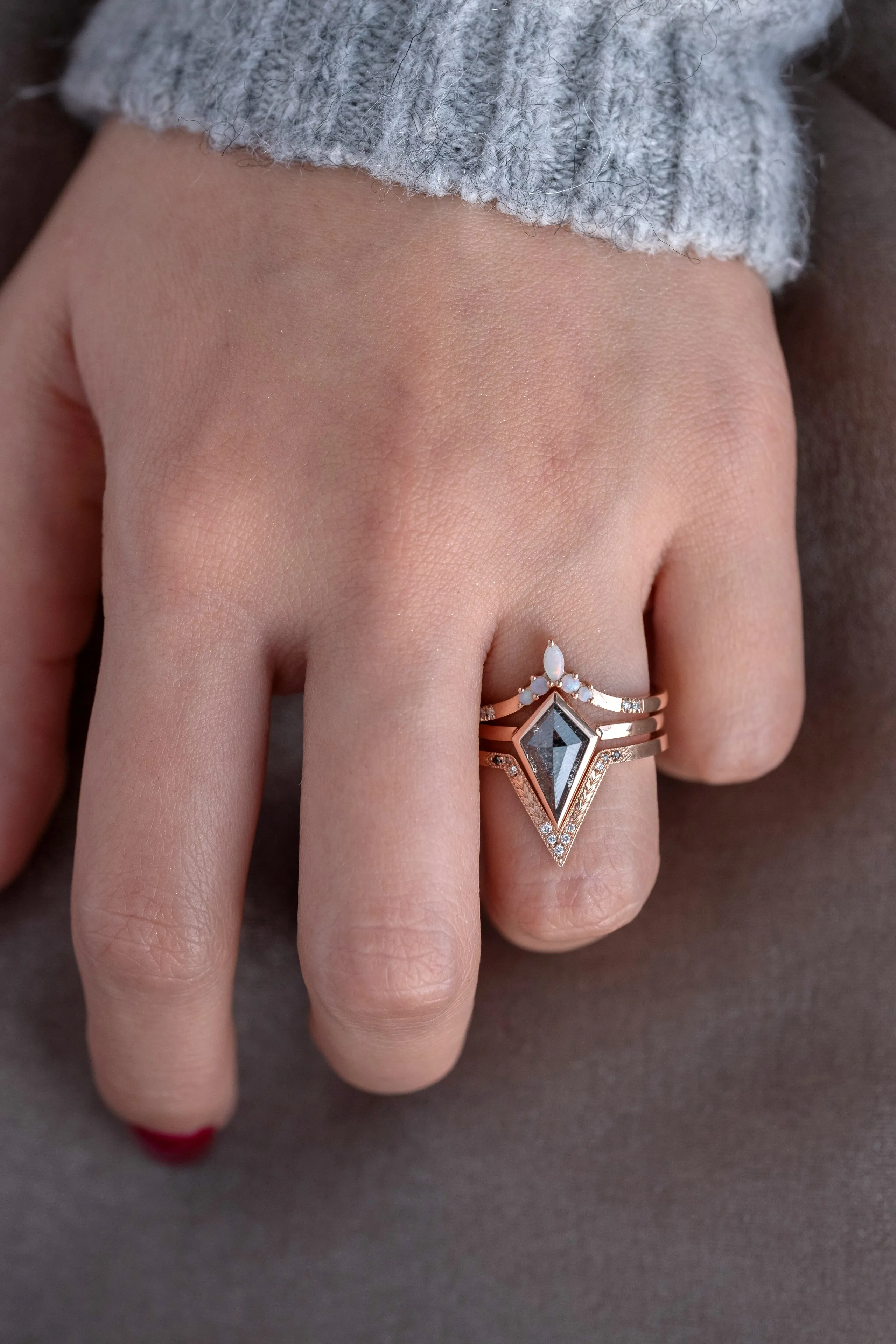 1.67 Carat Black Speckled Kite Diamond Engagement Ring, Bezel Jane Setting, 14K Rose Gold