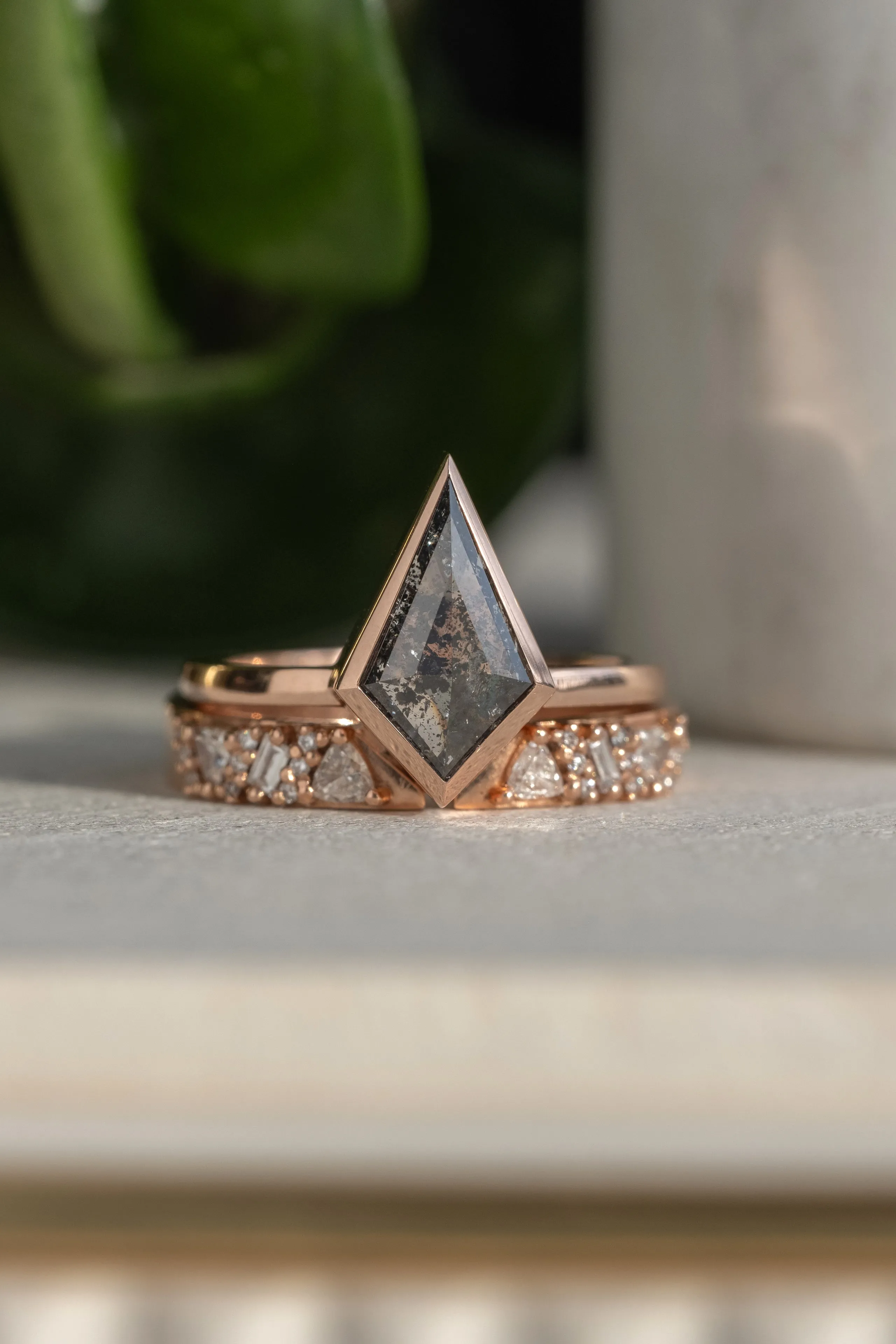 1.67 Carat Black Speckled Kite Diamond Engagement Ring, Bezel Jane Setting, 14K Rose Gold
