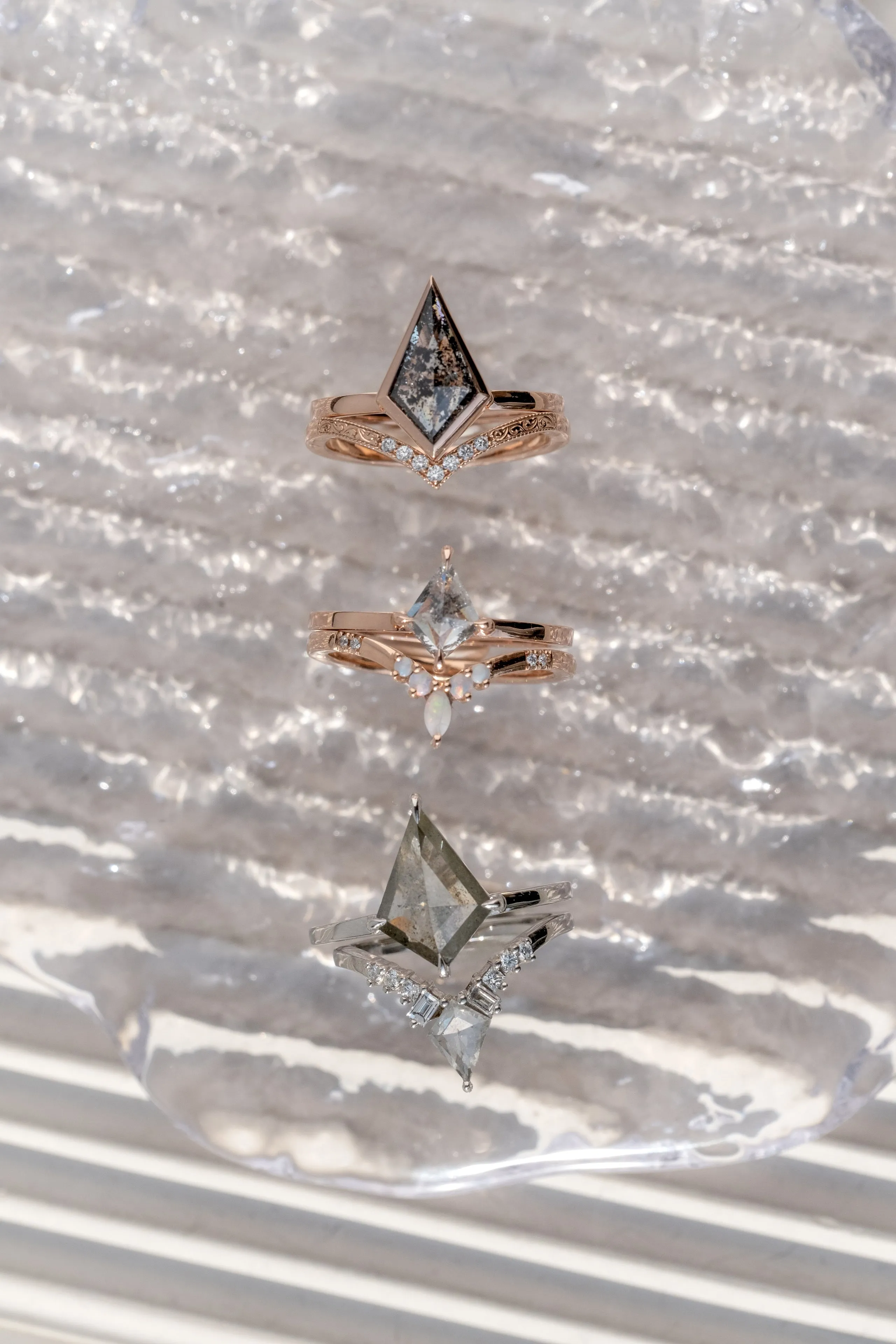 1.67 Carat Black Speckled Kite Diamond Engagement Ring, Bezel Jane Setting, 14K Rose Gold