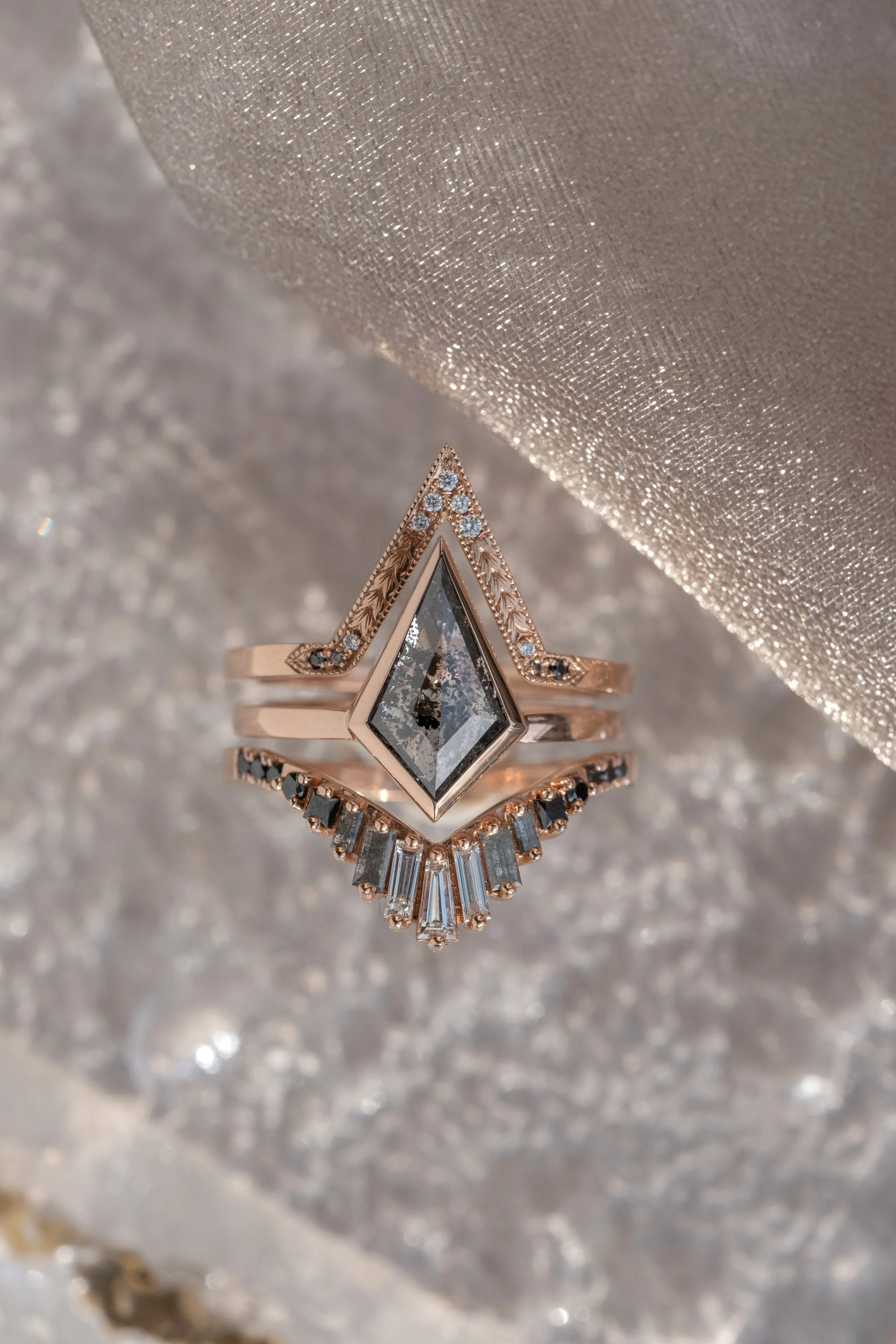 1.67 Carat Black Speckled Kite Diamond Engagement Ring, Bezel Jane Setting, 14K Rose Gold