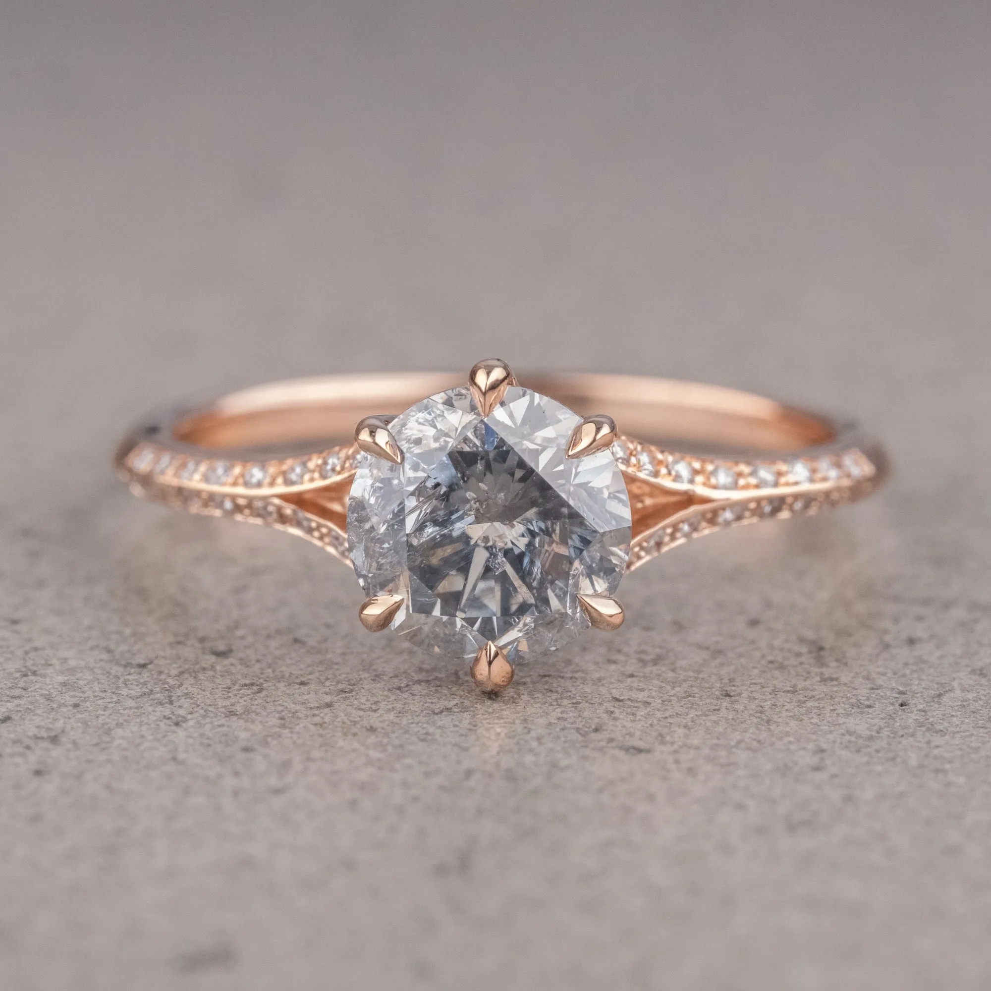 1.67 Carat Salt and Pepper Round Diamond Engagement Ring, Mackenzie Setting, 14k Rose Gold