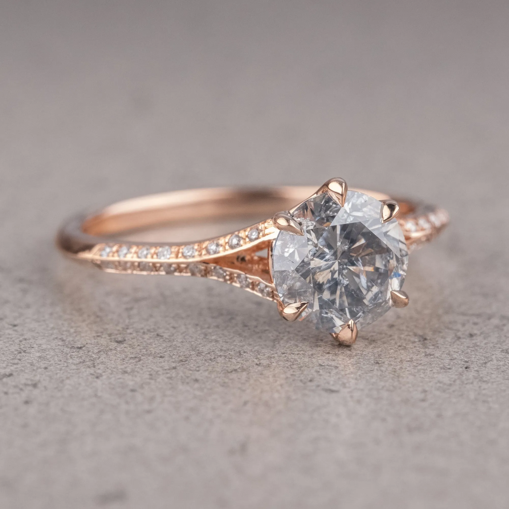 1.67 Carat Salt and Pepper Round Diamond Engagement Ring, Mackenzie Setting, 14k Rose Gold