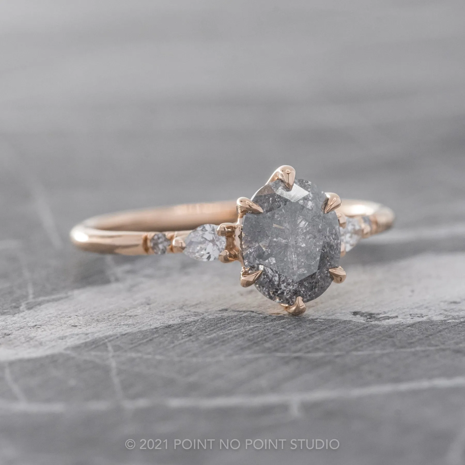1.74 Carat Salt and Pepper Oval Diamond Engagement Ring, Woven Betty Setting, 14k Rose Gold