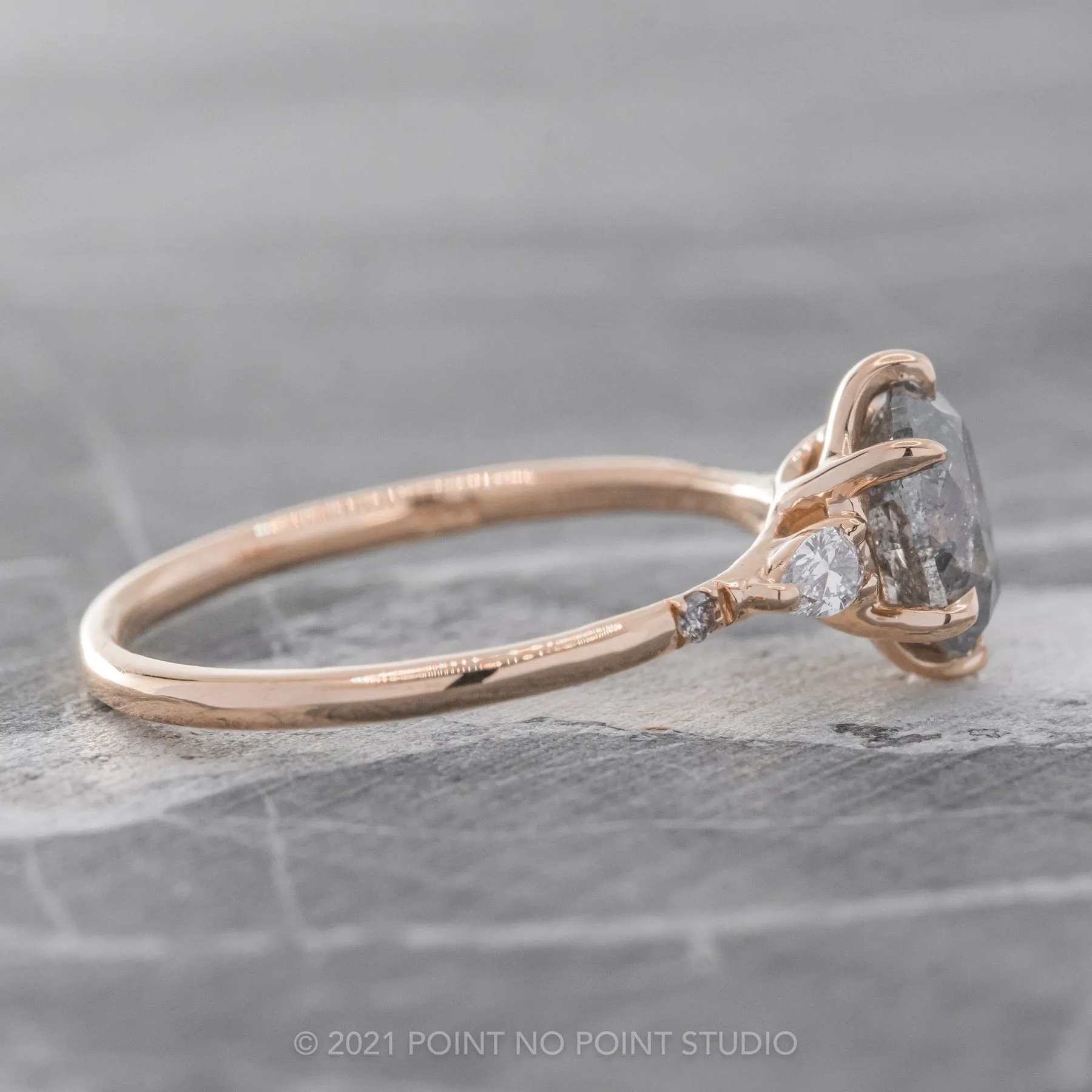 1.74 Carat Salt and Pepper Oval Diamond Engagement Ring, Woven Betty Setting, 14k Rose Gold